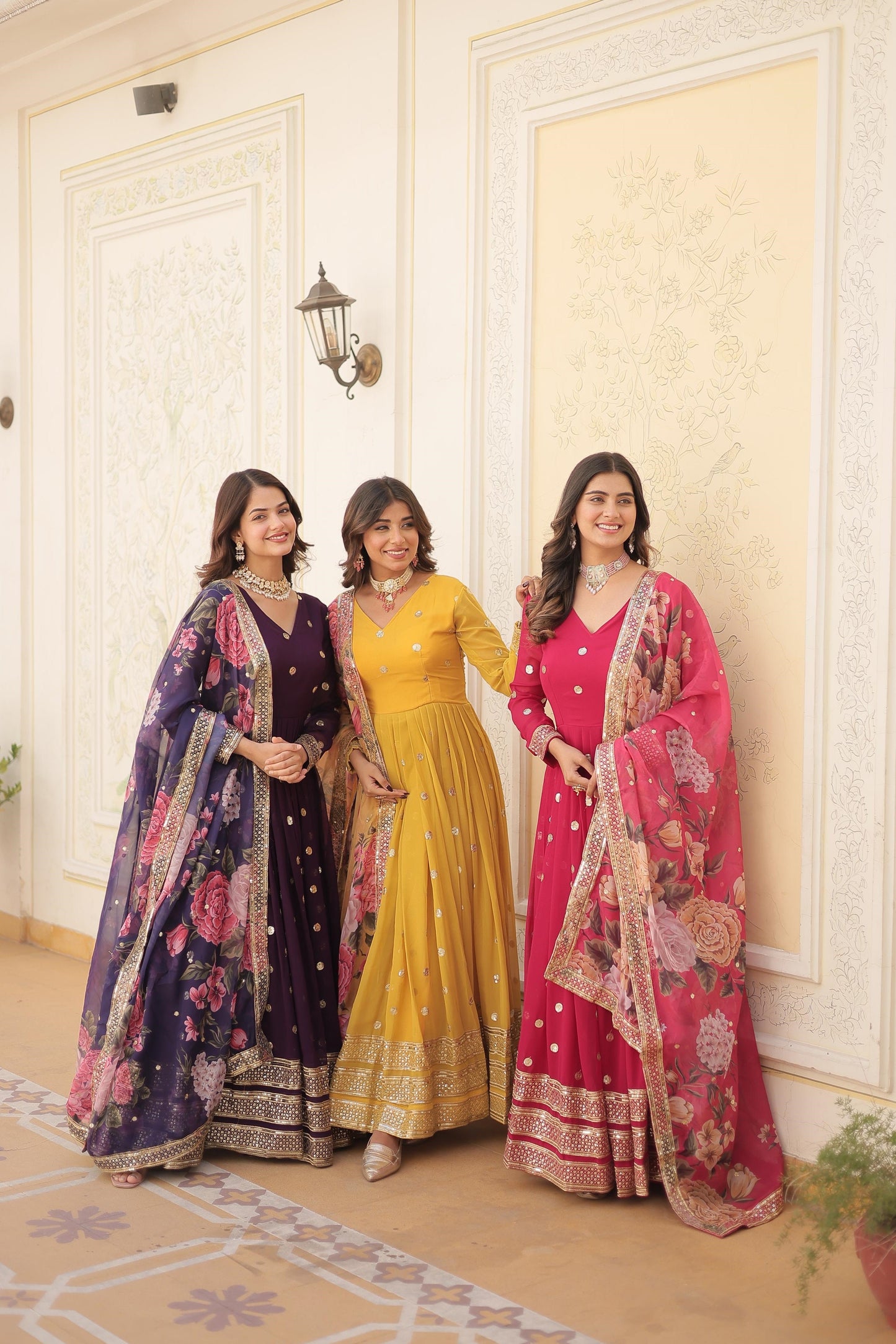 Function Wear Purple, Yellow And Pink Color Faux Georgette Gown