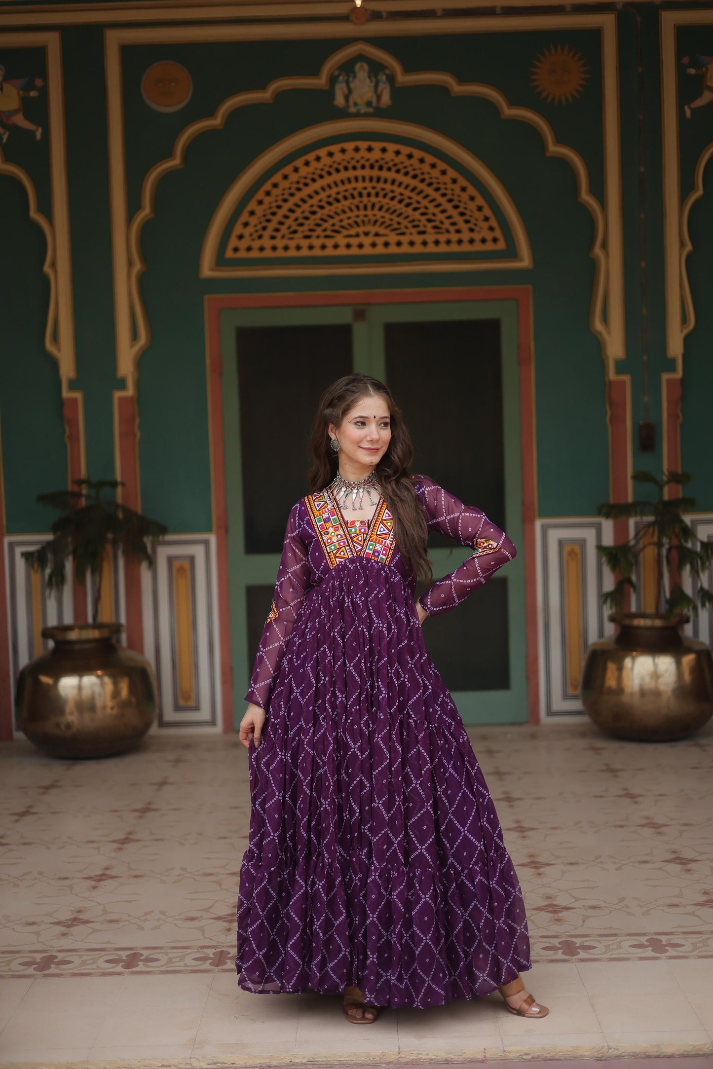 Festive Wear Bandhani Print Work Blue, Orange And Purple Color Gown