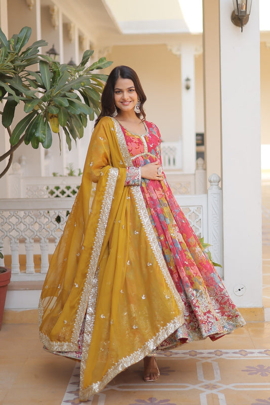 Admiring Digital printed Russian Pink And Purple Multi Color Gown