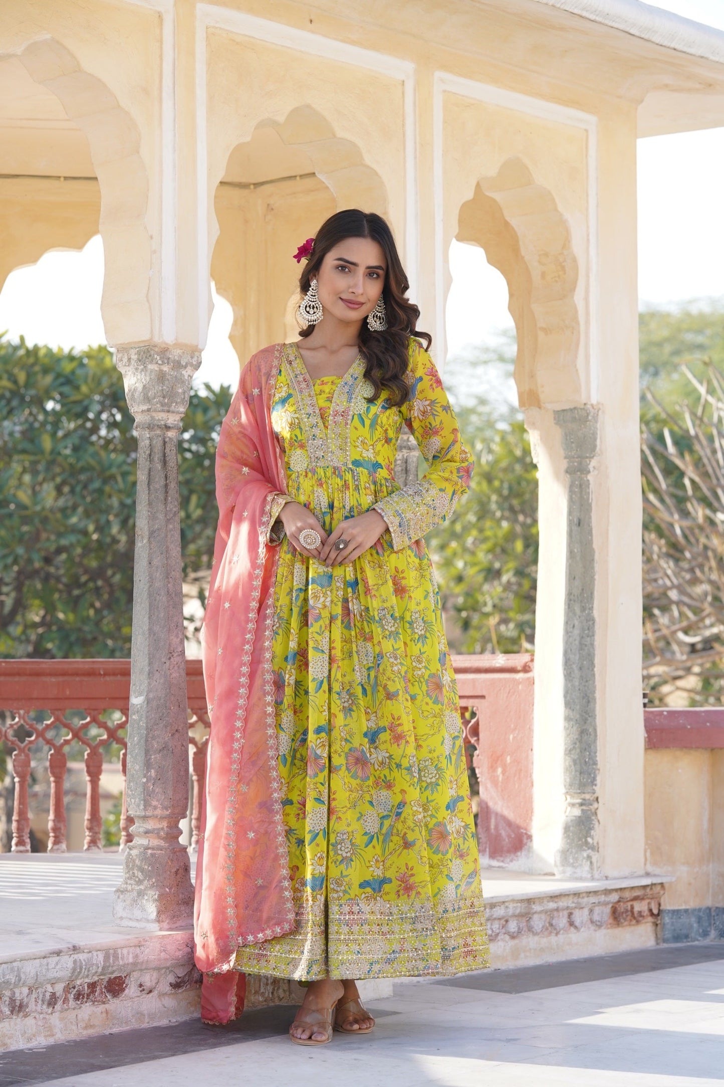 Fashionable Embroidery Work Digital Printed Lemon Color Gown