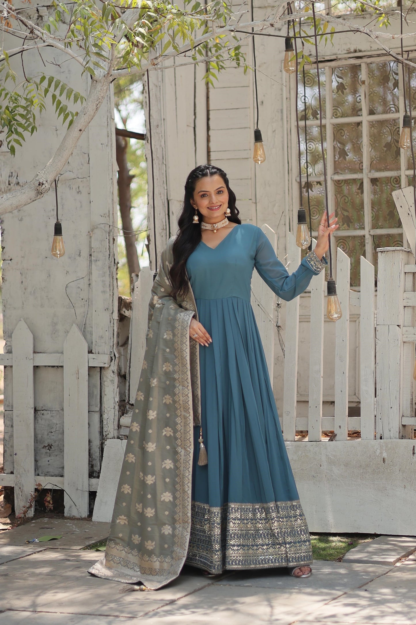 Fashionable Georgette Pink & Sky Blue Color Gown