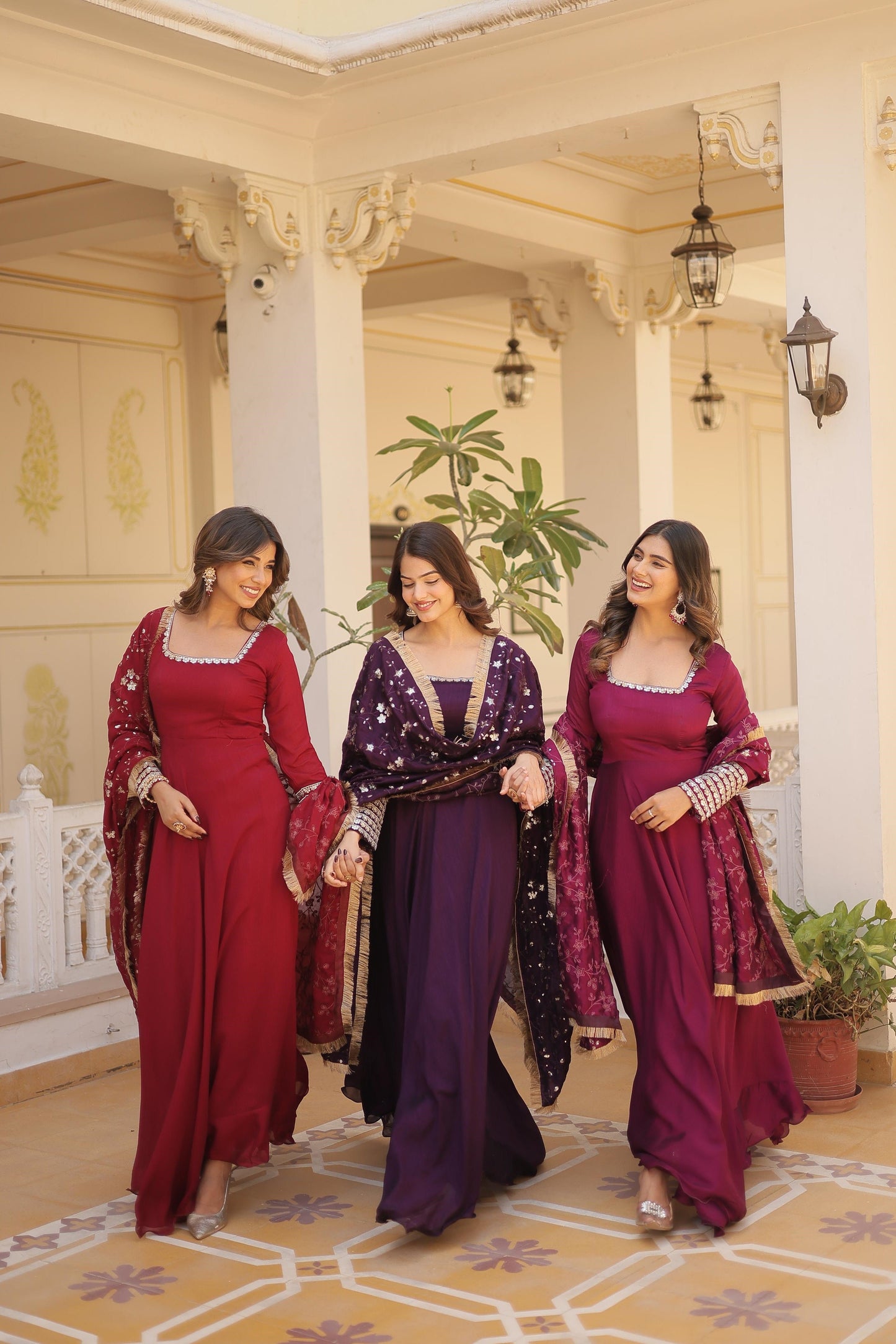 Ravishing Vichitra Silk Wine , Purple And Red Color Full Gown