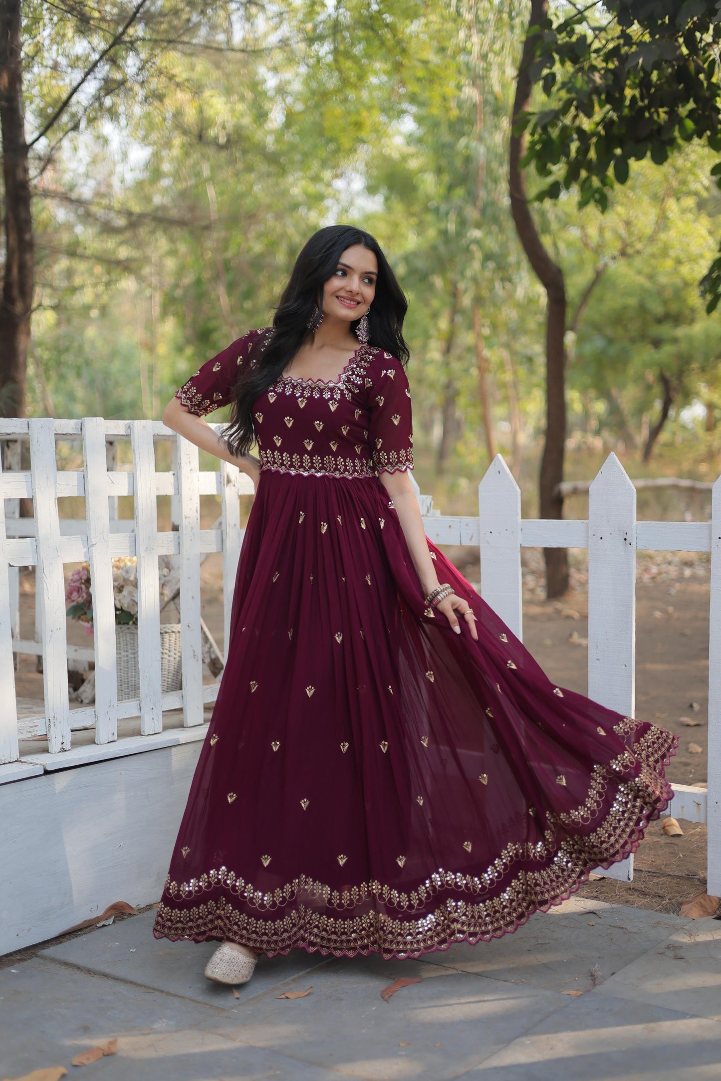 Wedding Wear Embroidery Work Maroon Color Gown