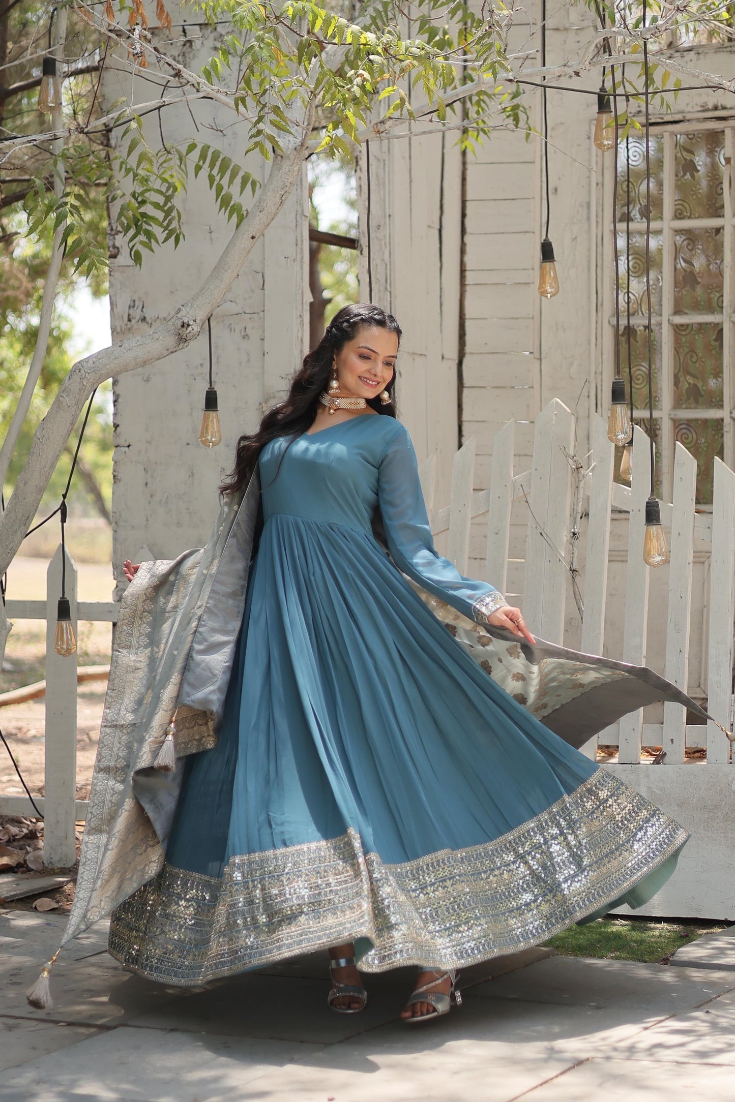 Fashionable Georgette Pink & Sky Blue Color Gown