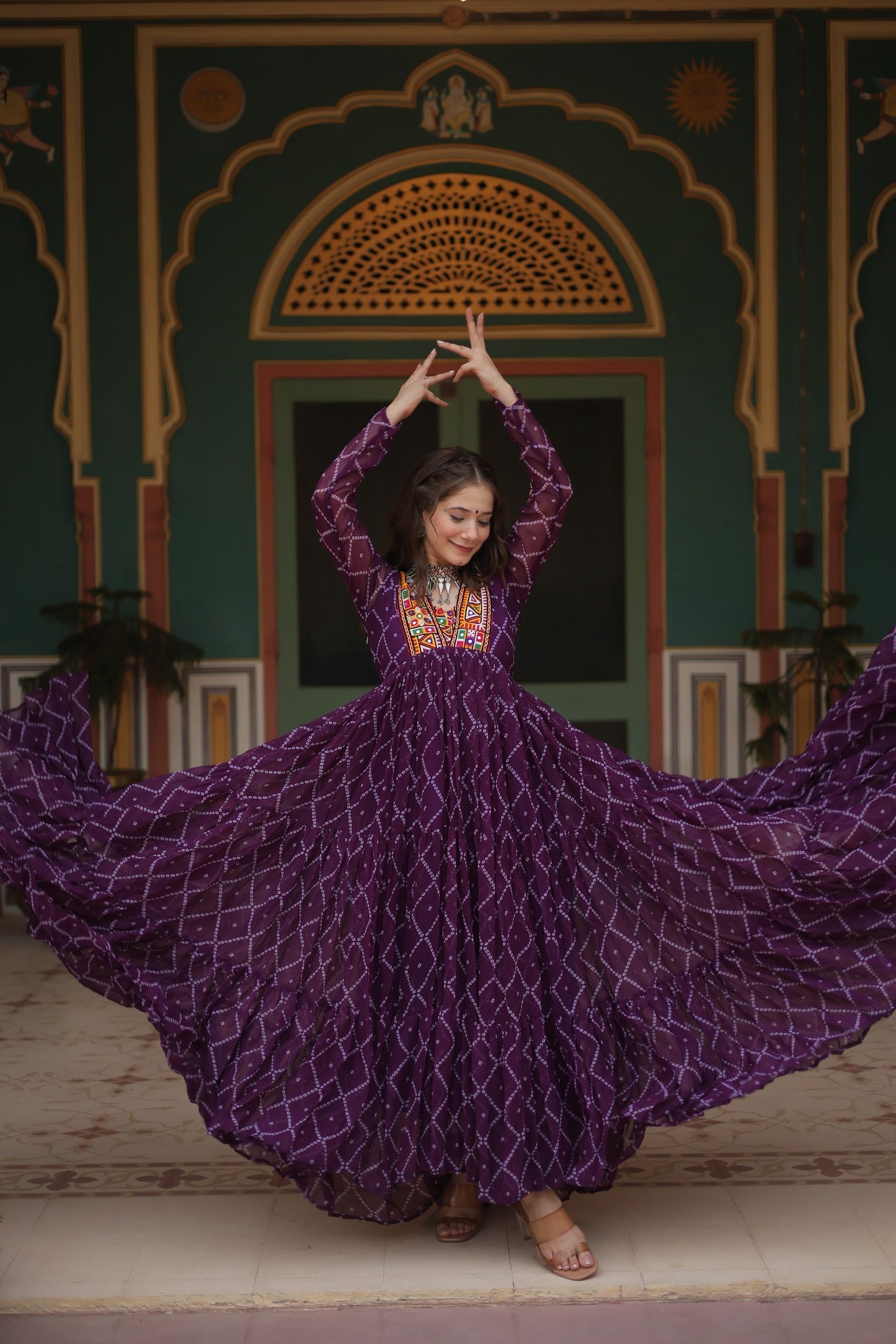 Festive Wear Bandhani Print Work Blue, Orange And Purple Color Gown