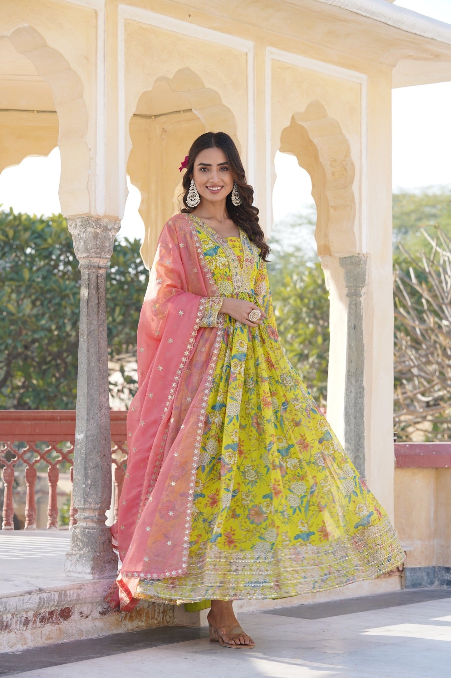 Fashionable Embroidery Work Digital Printed Lemon Color Gown