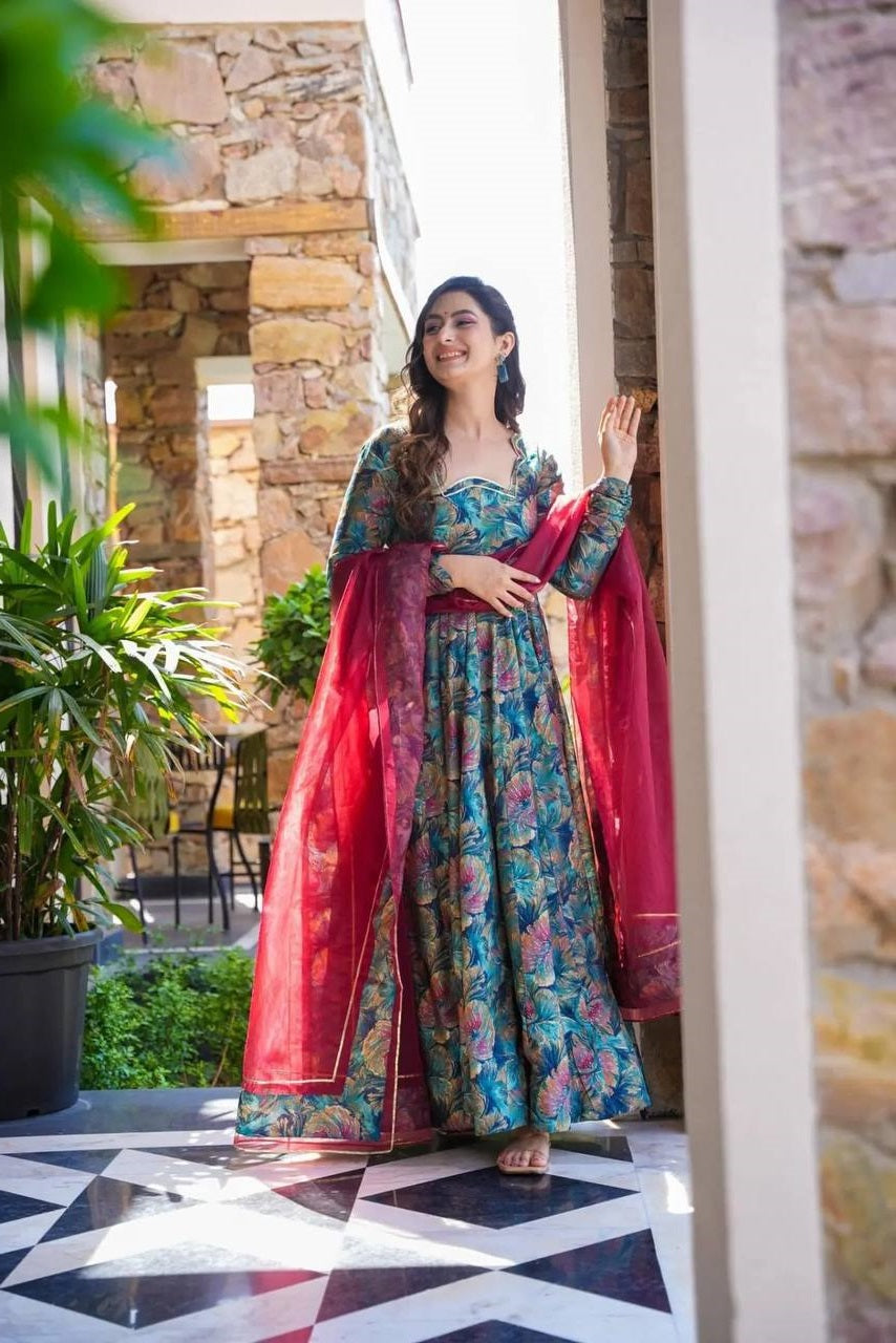 Fantastic Digital Print Teal Blue Multi Color Anarkali Suit TD-6030