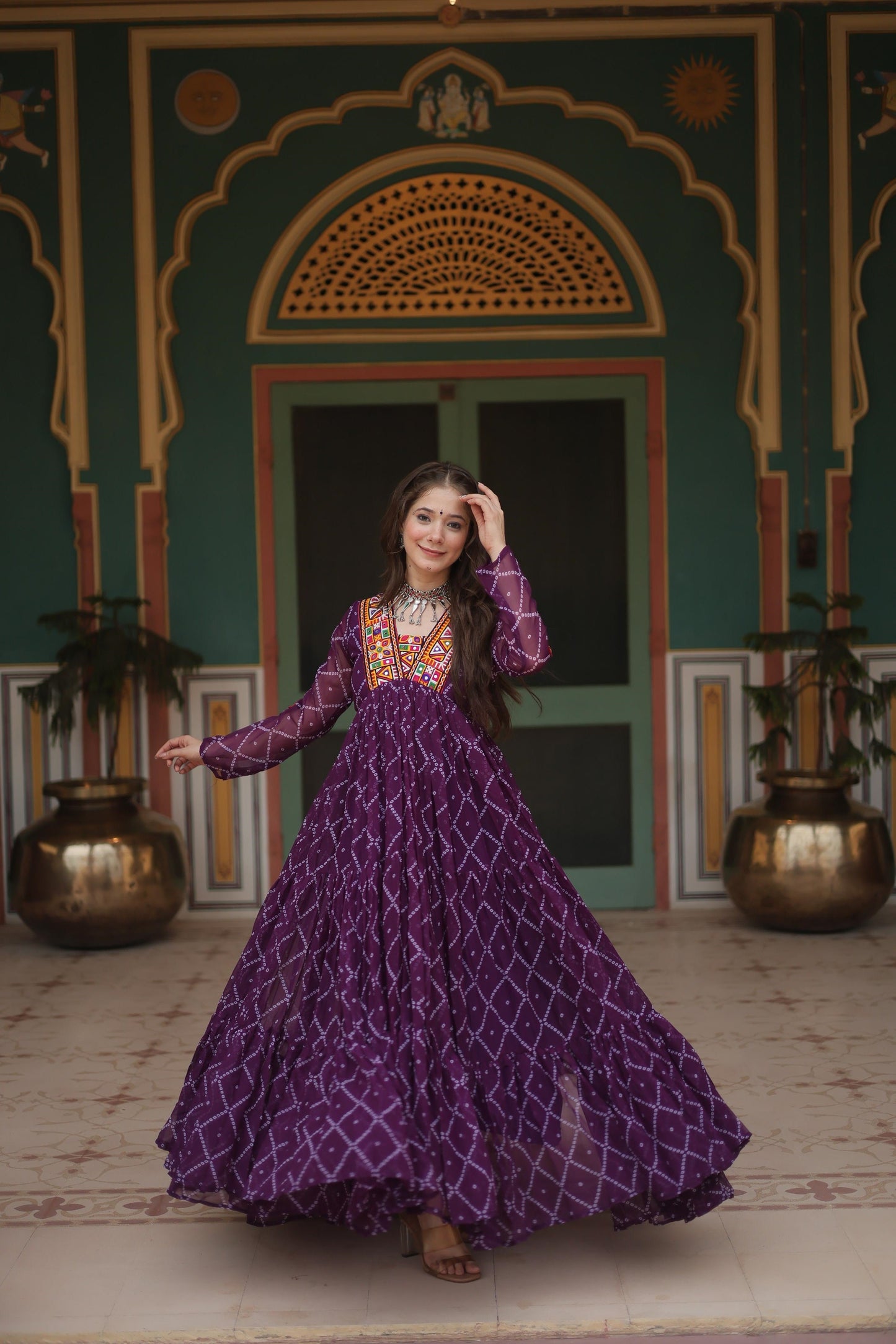 Festive Wear Bandhani Print Work Blue, Orange And Purple Color Gown