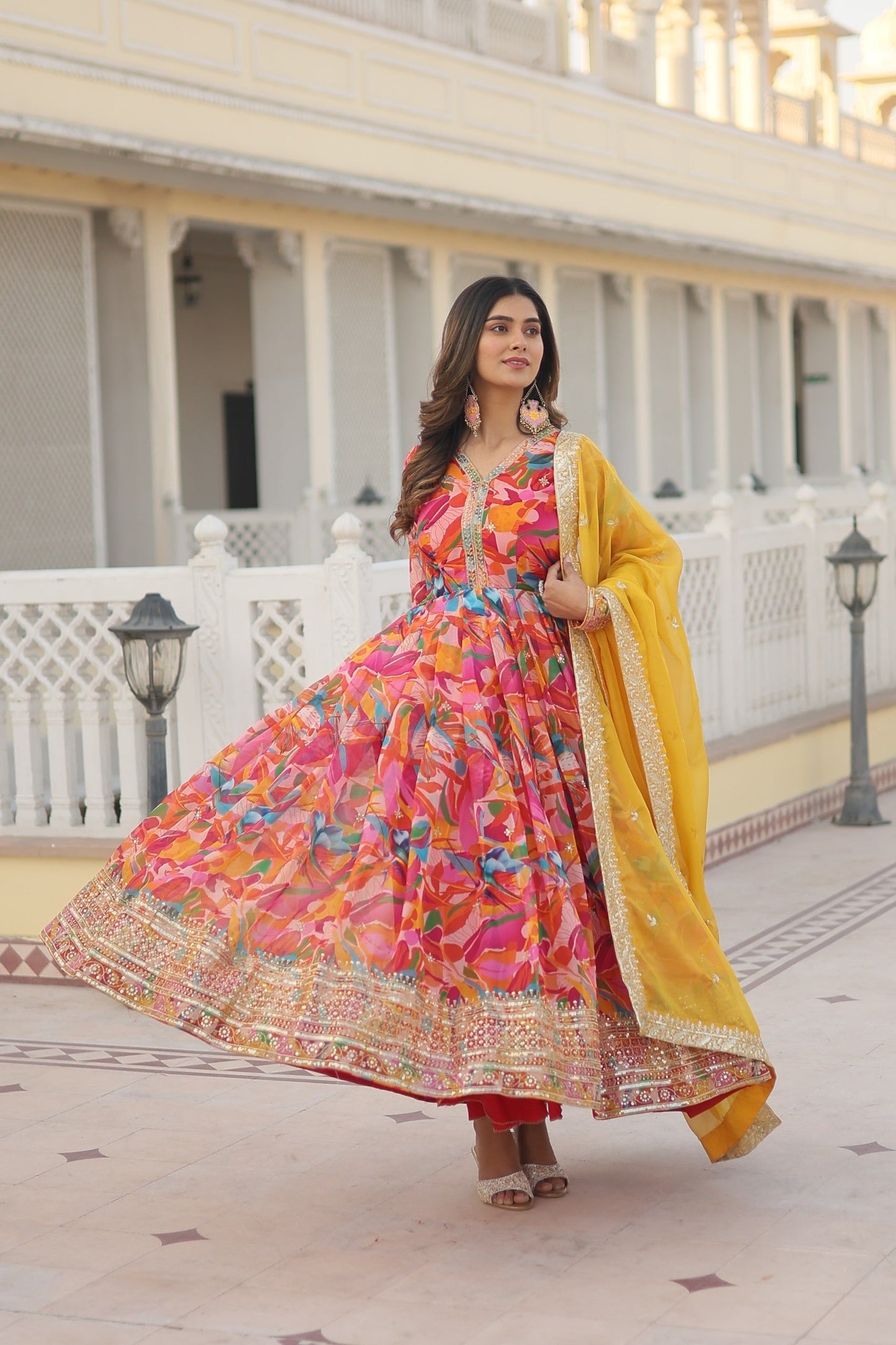 Fantastic Pink And Perrot Multi Digital Printed Gown With Dupatta