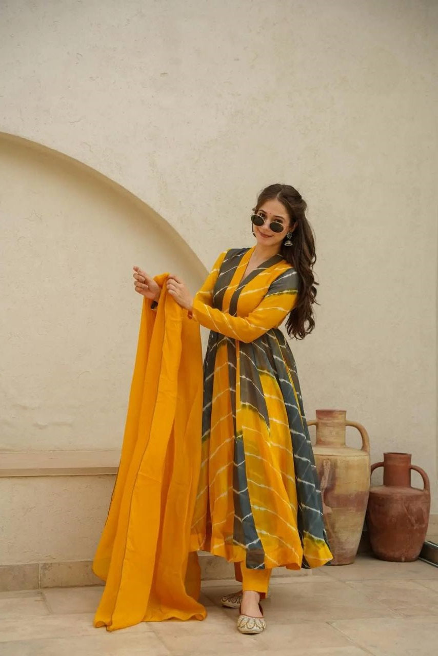 Tranding Yellow And Blue Organza Anarkali Suit Set