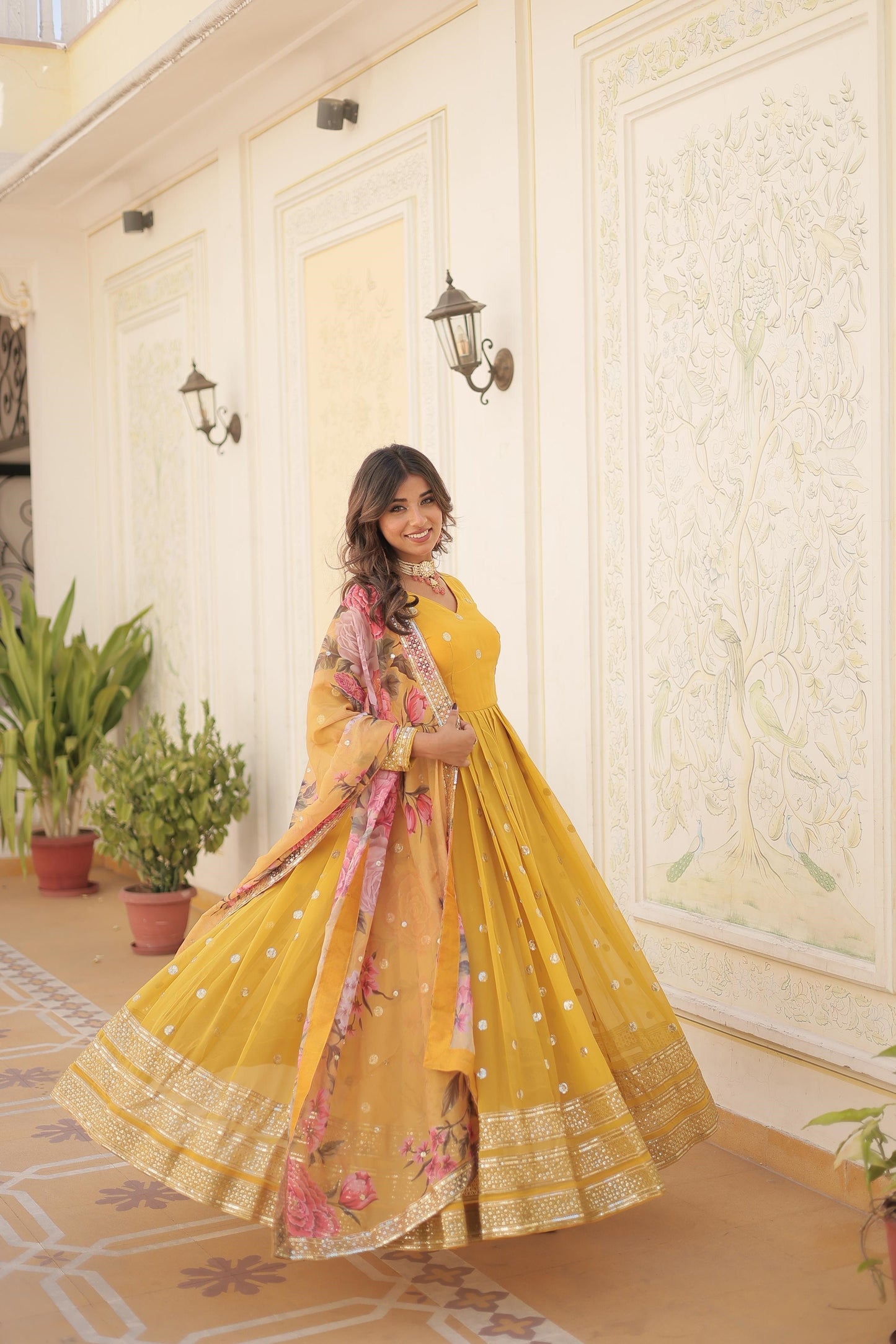 Function Wear Purple, Yellow And Pink Color Faux Georgette Gown