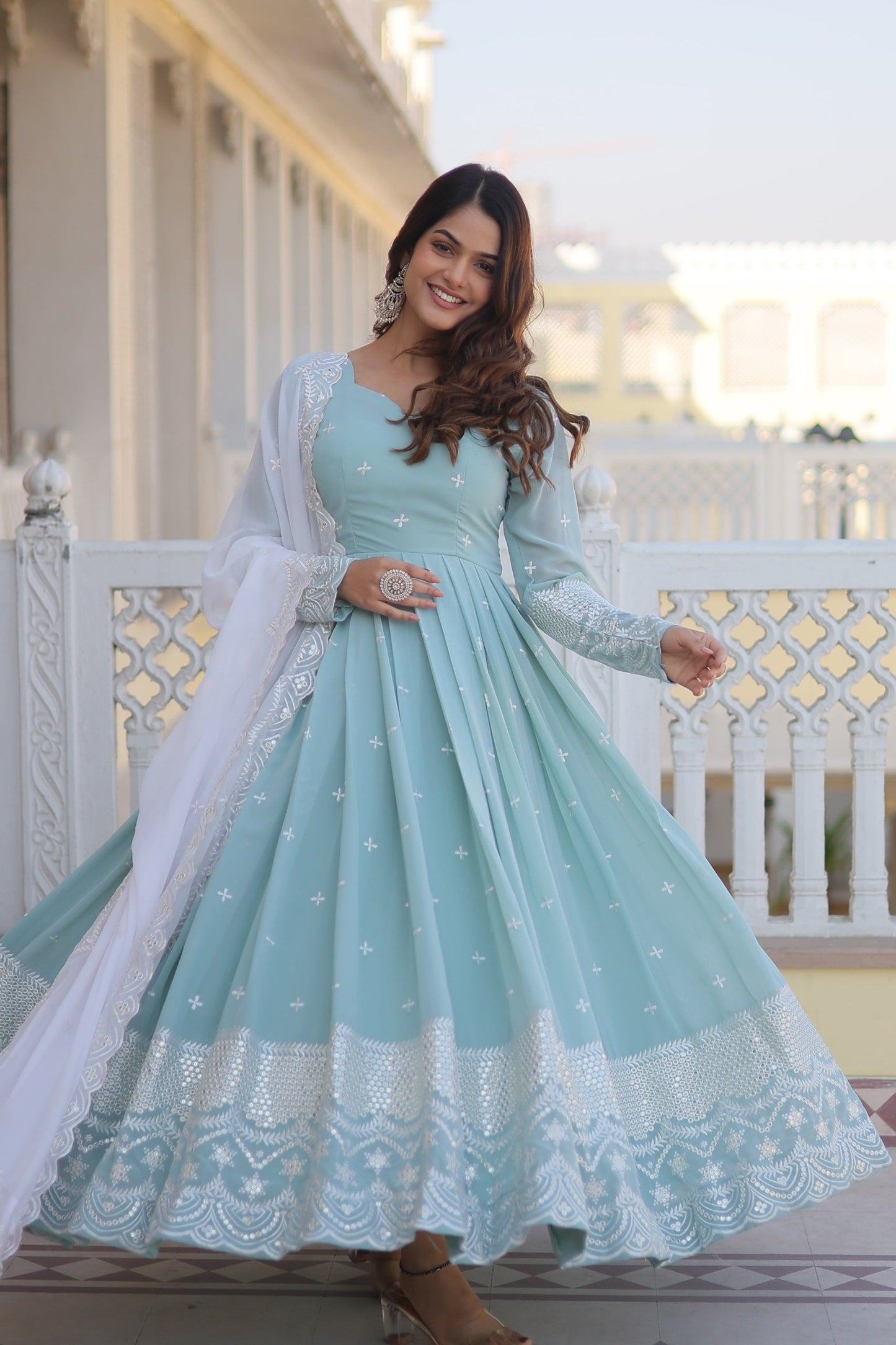 Stunning Sky Blue Color Georgette Anarkali Gown
