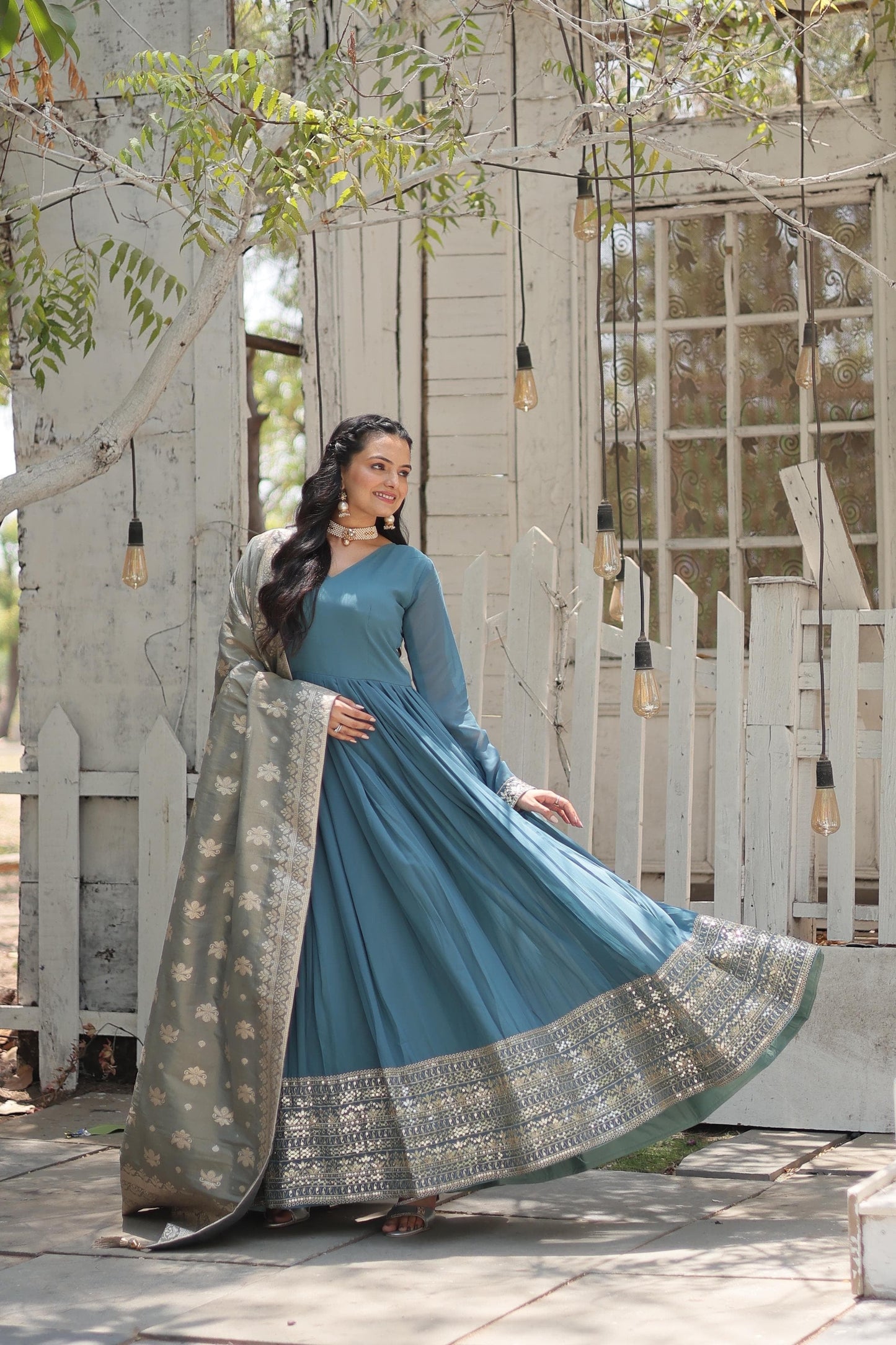 Fashionable Georgette Pink & Sky Blue Color Gown
