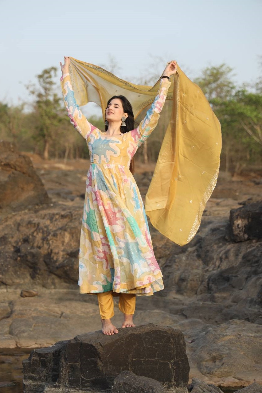 Gorgeous Organza Yellow Multi Color Print Anarkali Suit Set TD-6024