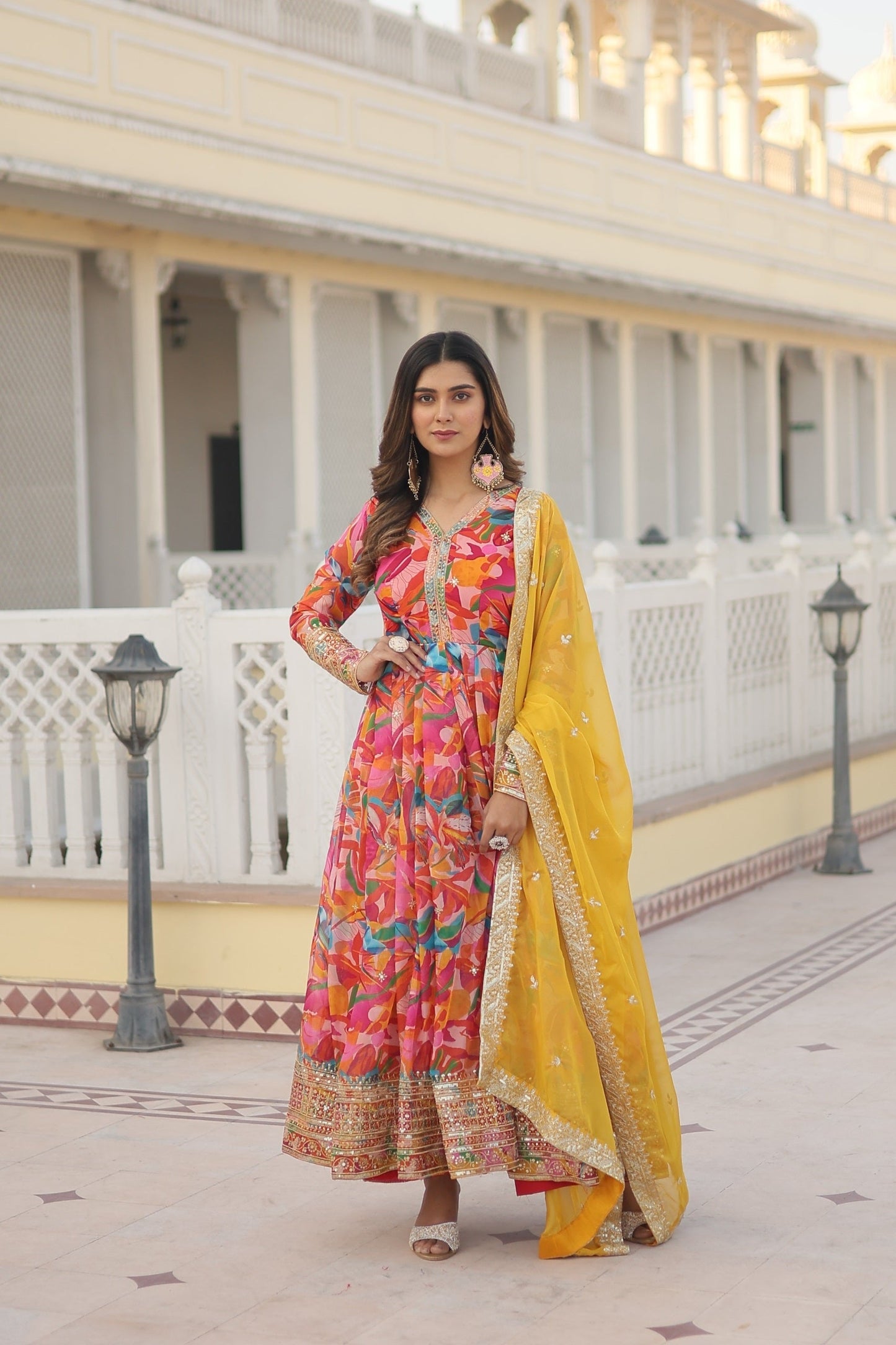 Fantastic Pink And Perrot Multi Digital Printed Gown With Dupatta