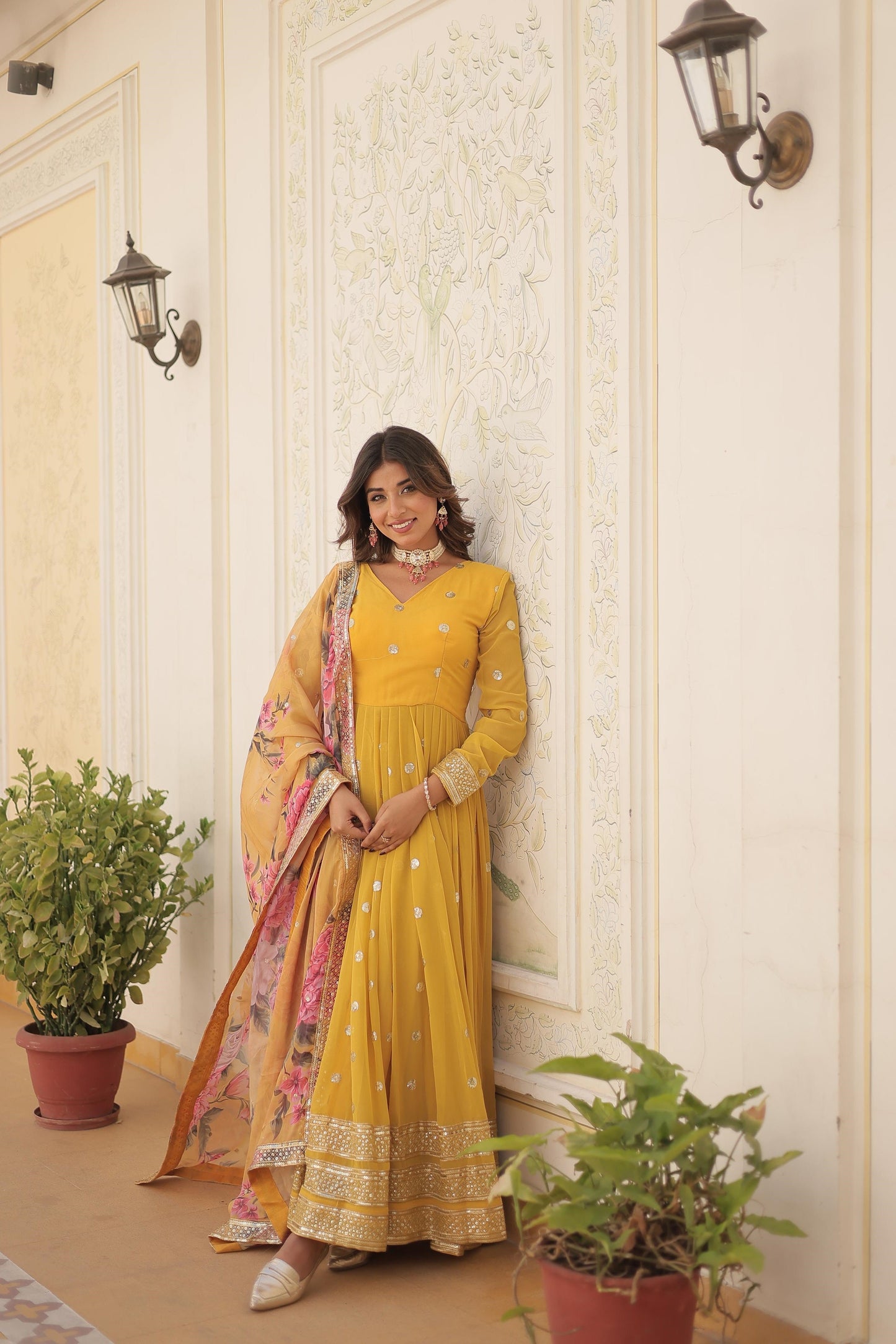 Function Wear Purple, Yellow And Pink Color Faux Georgette Gown