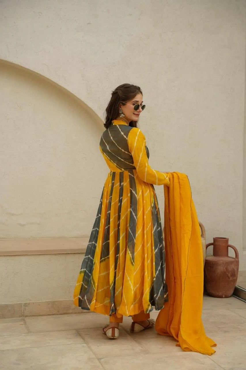 Tranding Yellow And Blue Organza Anarkali Suit Set