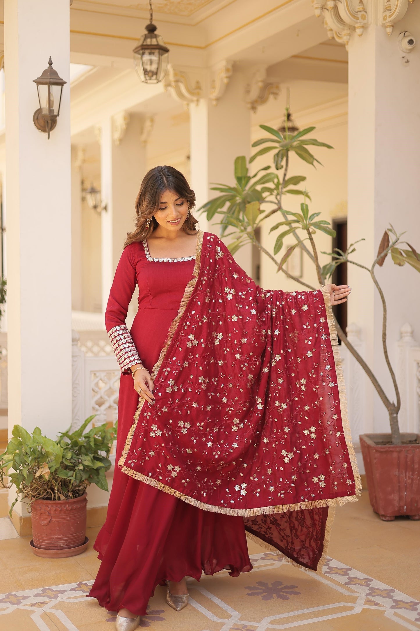 Ravishing Vichitra Silk Wine , Purple And Red Color Full Gown