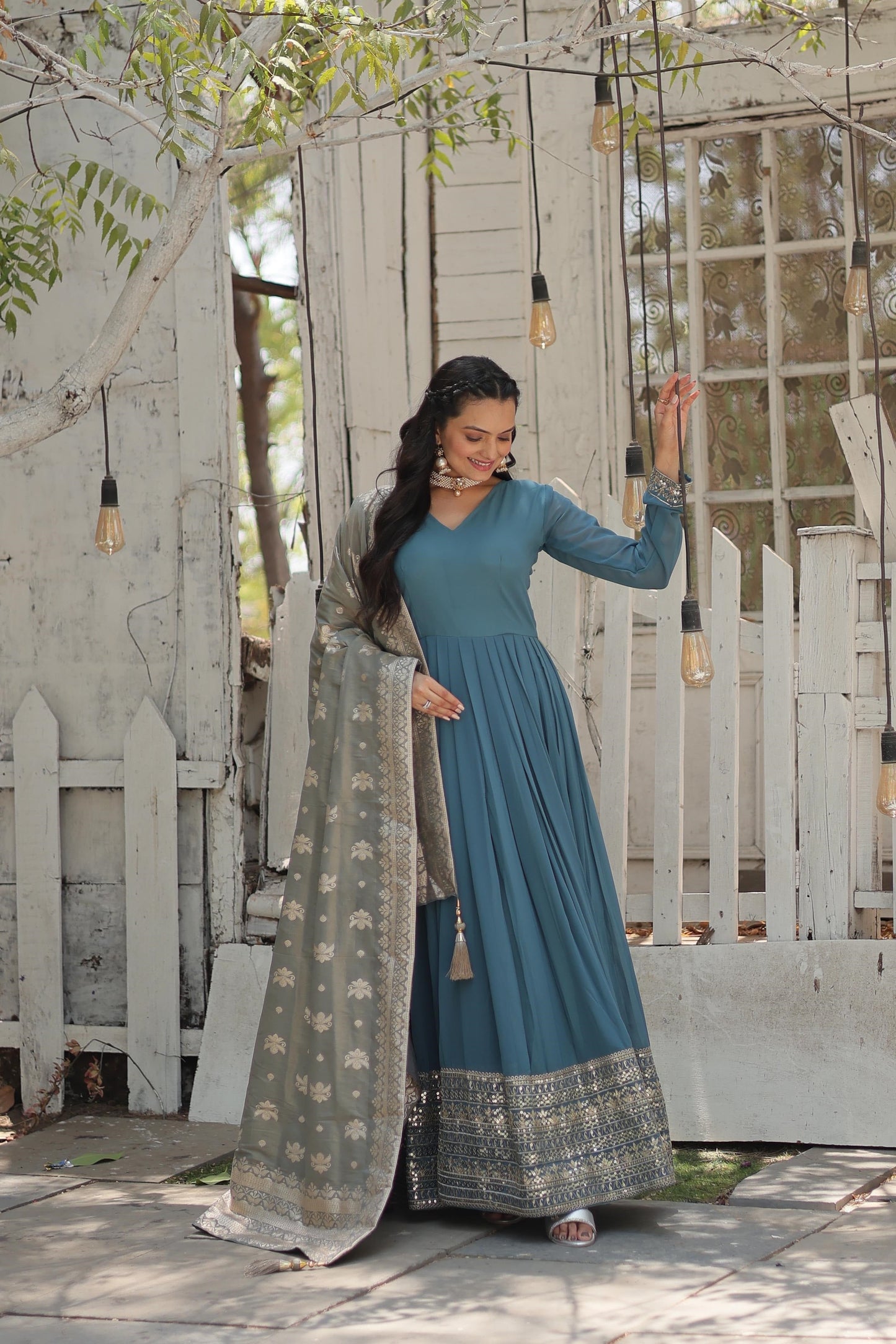 Fashionable Georgette Pink & Sky Blue Color Gown