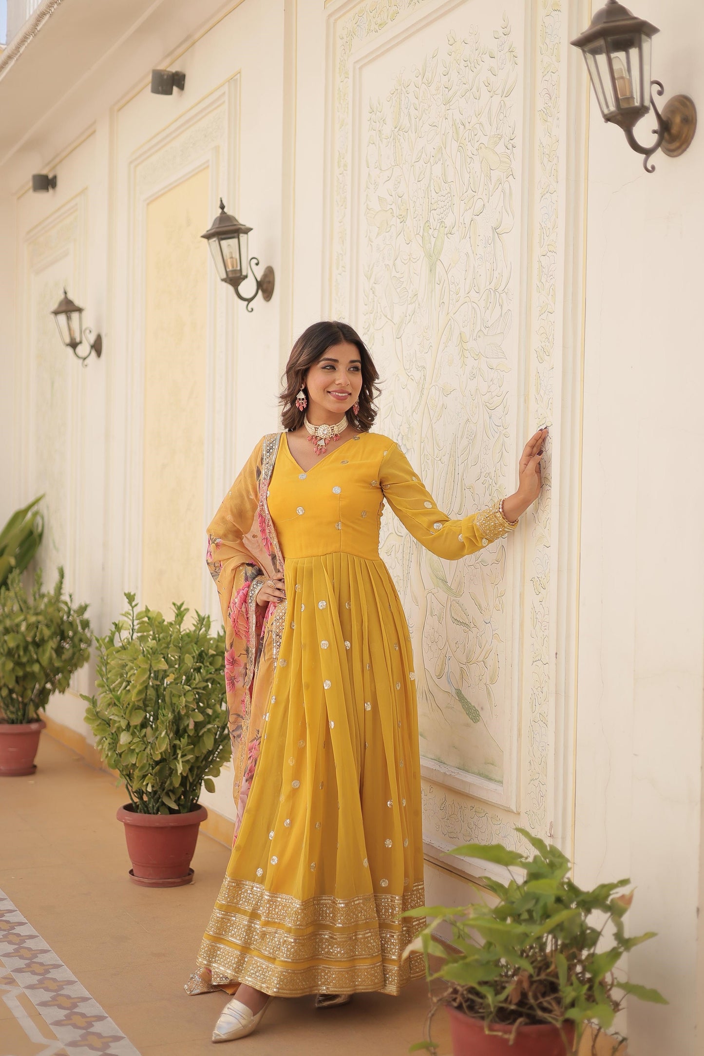 Function Wear Purple, Yellow And Pink Color Faux Georgette Gown