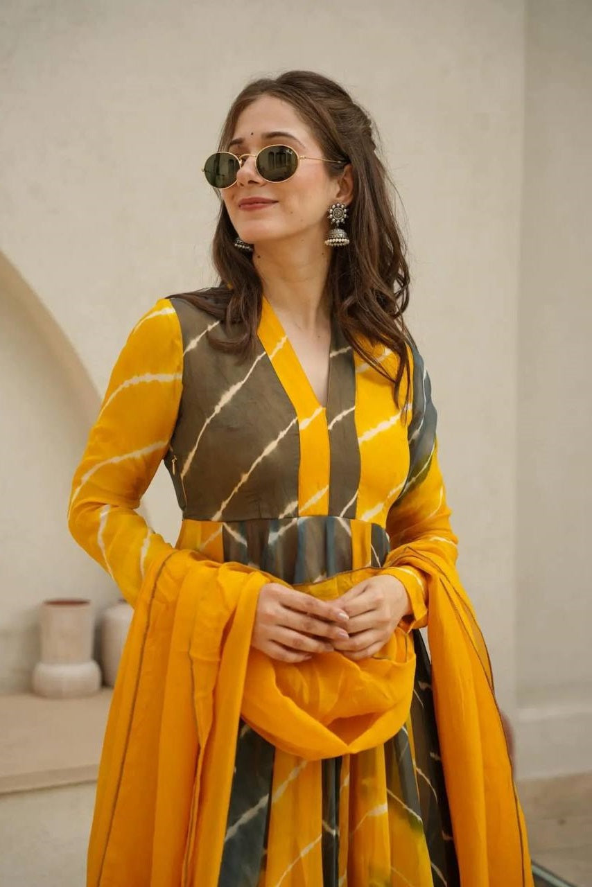 Tranding Yellow And Blue Organza Anarkali Suit Set