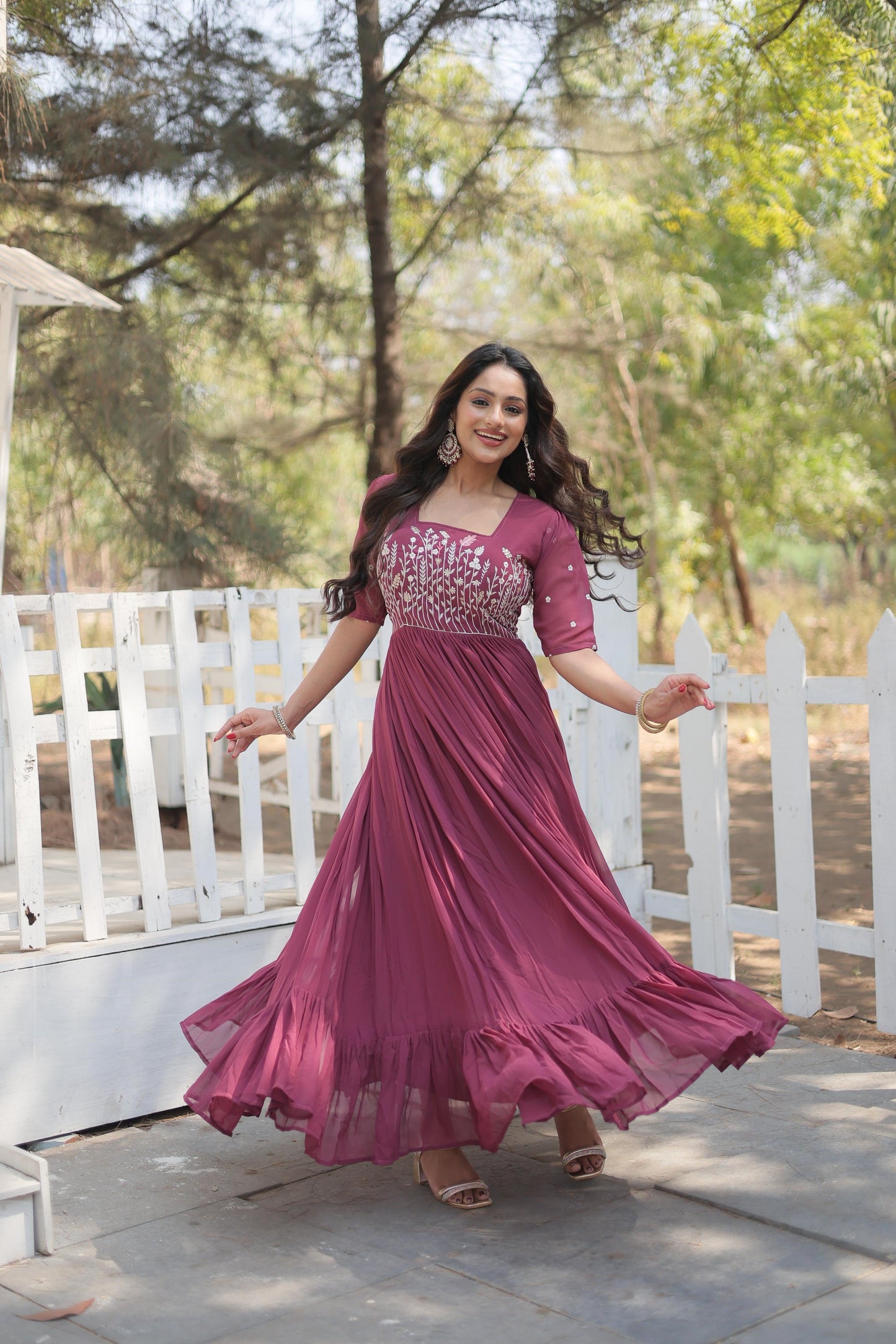Fancy Square Neck Pink And Orange Color Georgette Gown