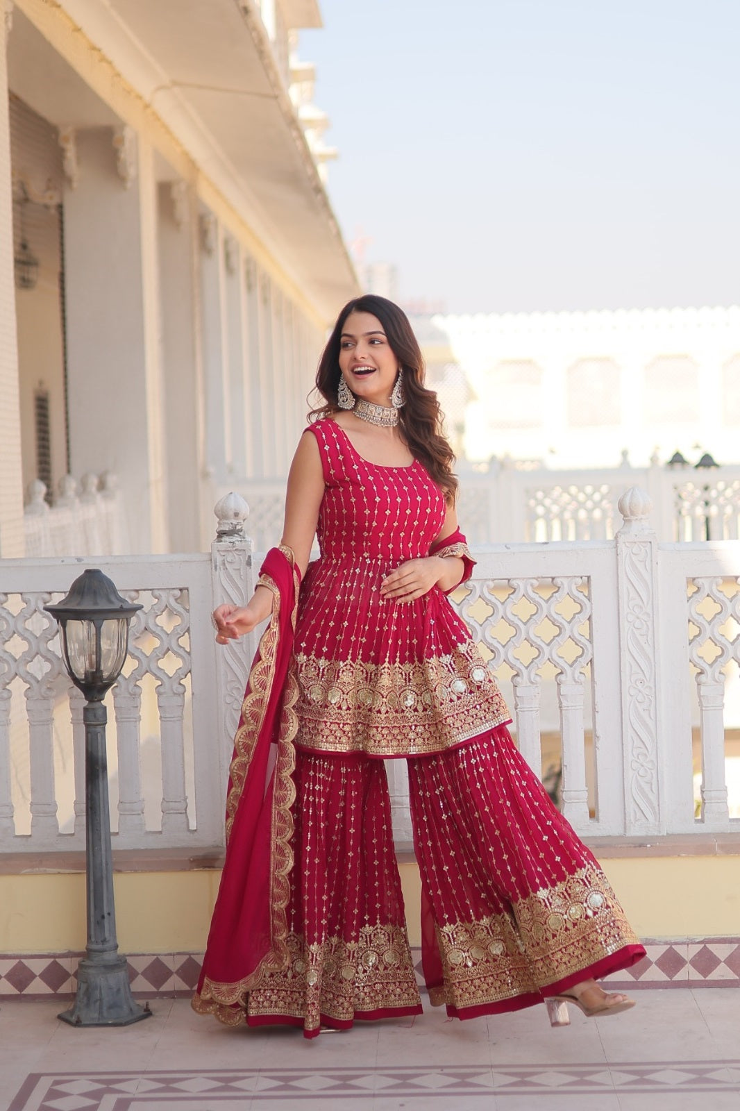 Unique Faux Georgette Purple & Pink Color Top With Sharara Suit