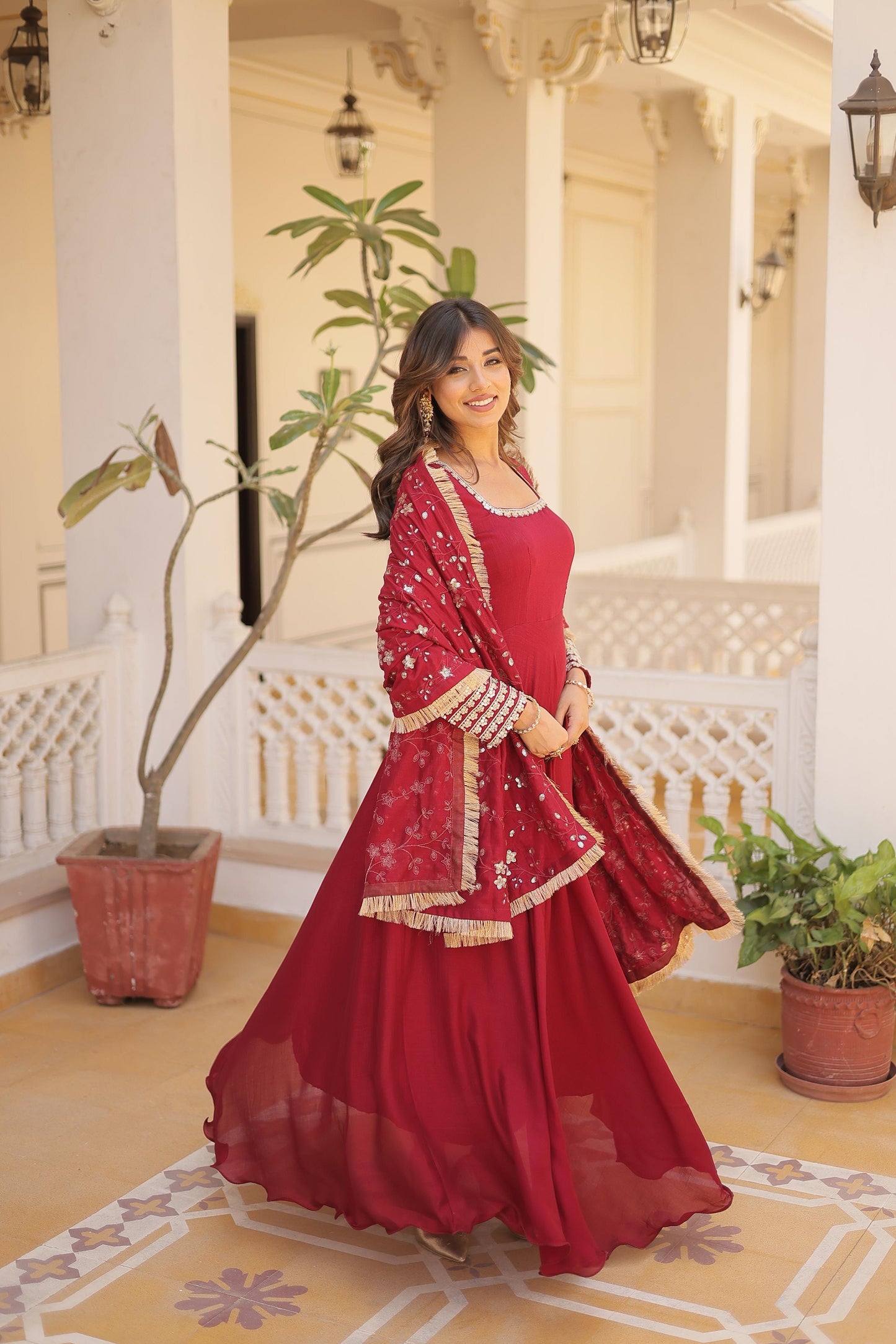 Ravishing Vichitra Silk Wine , Purple And Red Color Full Gown