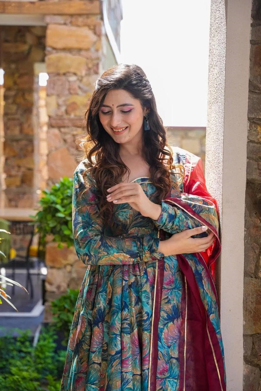 Fantastic Digital Print Teal Blue Multi Color Anarkali Suit TD-6030