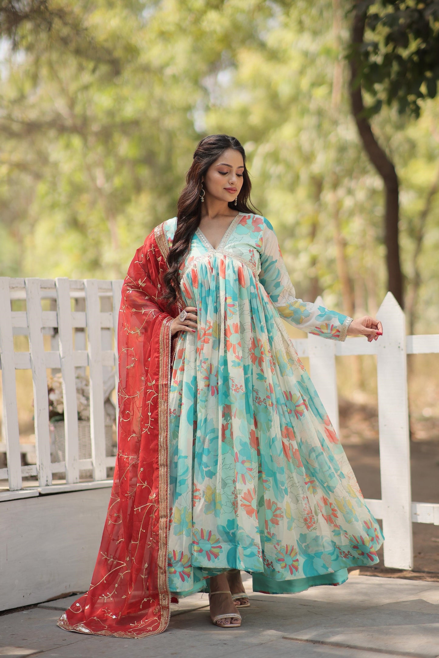 Festive Wear V Neck Pink And Sky Color Gown Contrast Dupatta