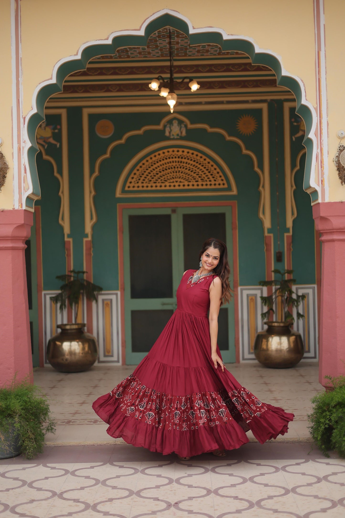 Festive Wear Reyon Printed Maroon & Black Color Gown
