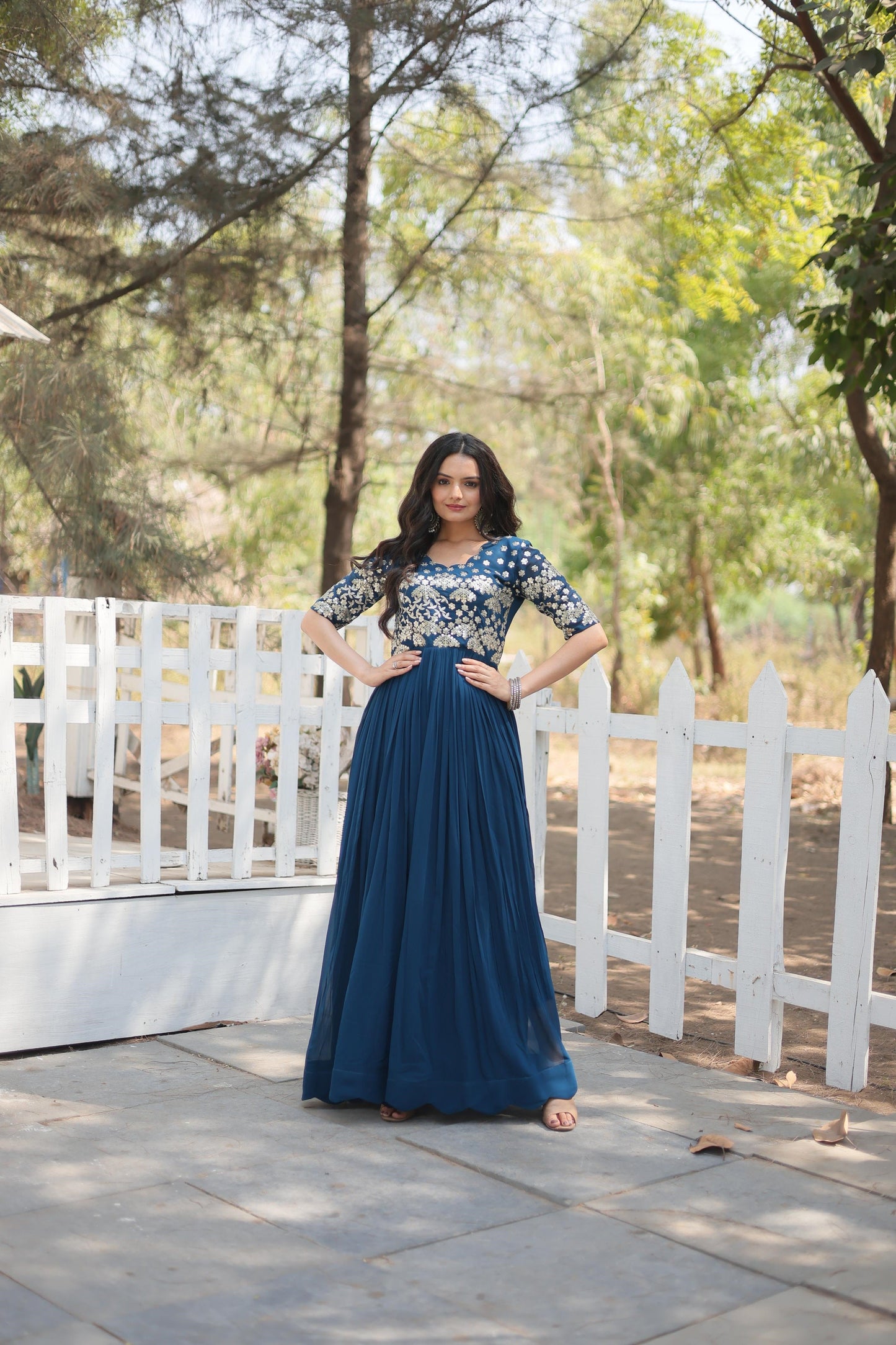 Superhit Zari Sequence Work Teal Blue And Red Color Gown