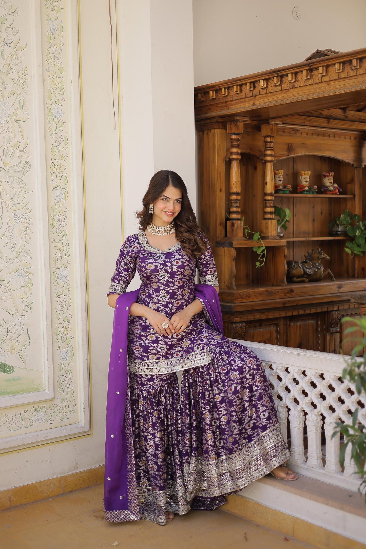 Function Wear Jacquerd Pink, Cream & Purple Color Sharara Suit