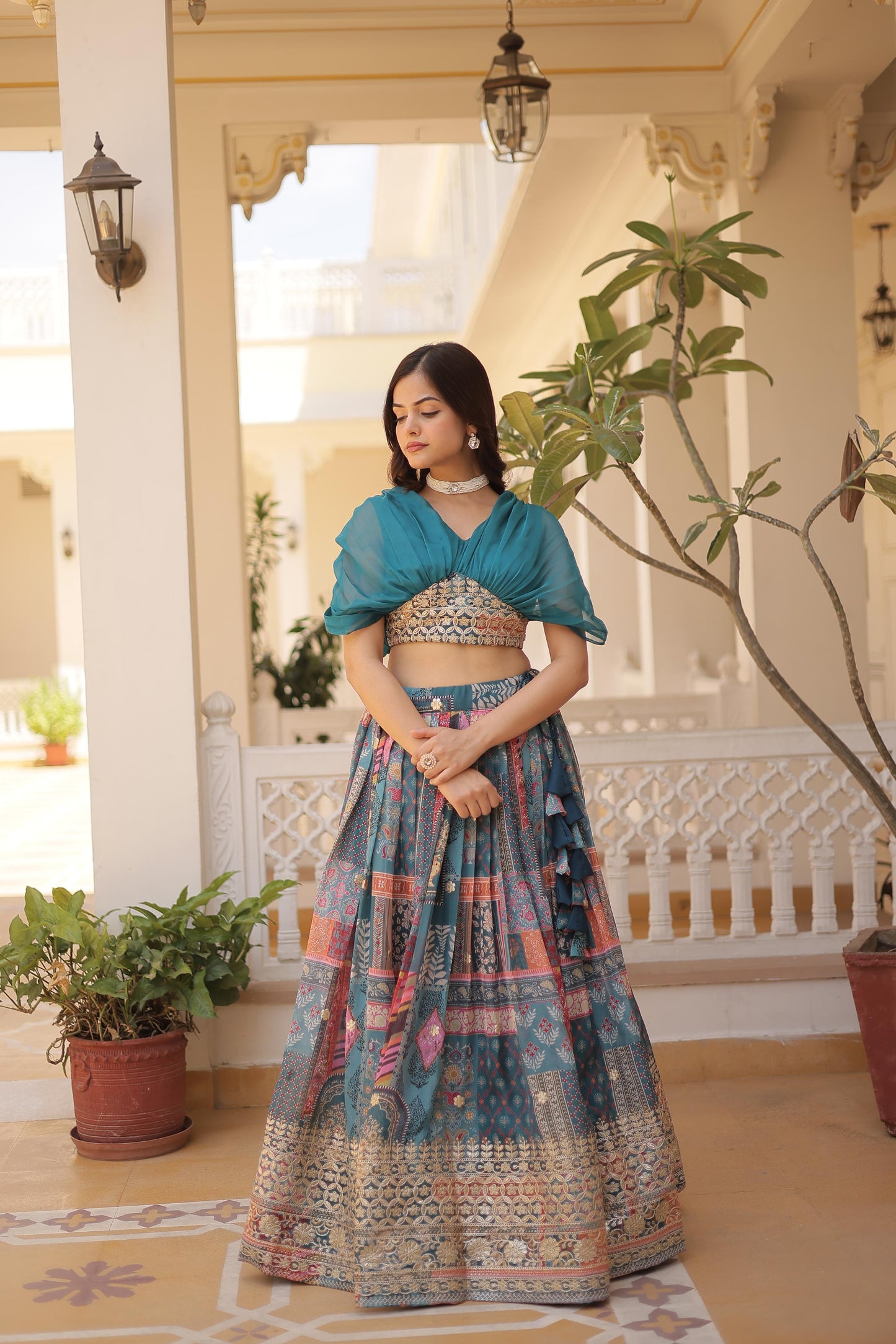 Trendy Digital Printed Silk Purple, Orange And Sky Color Lehenga