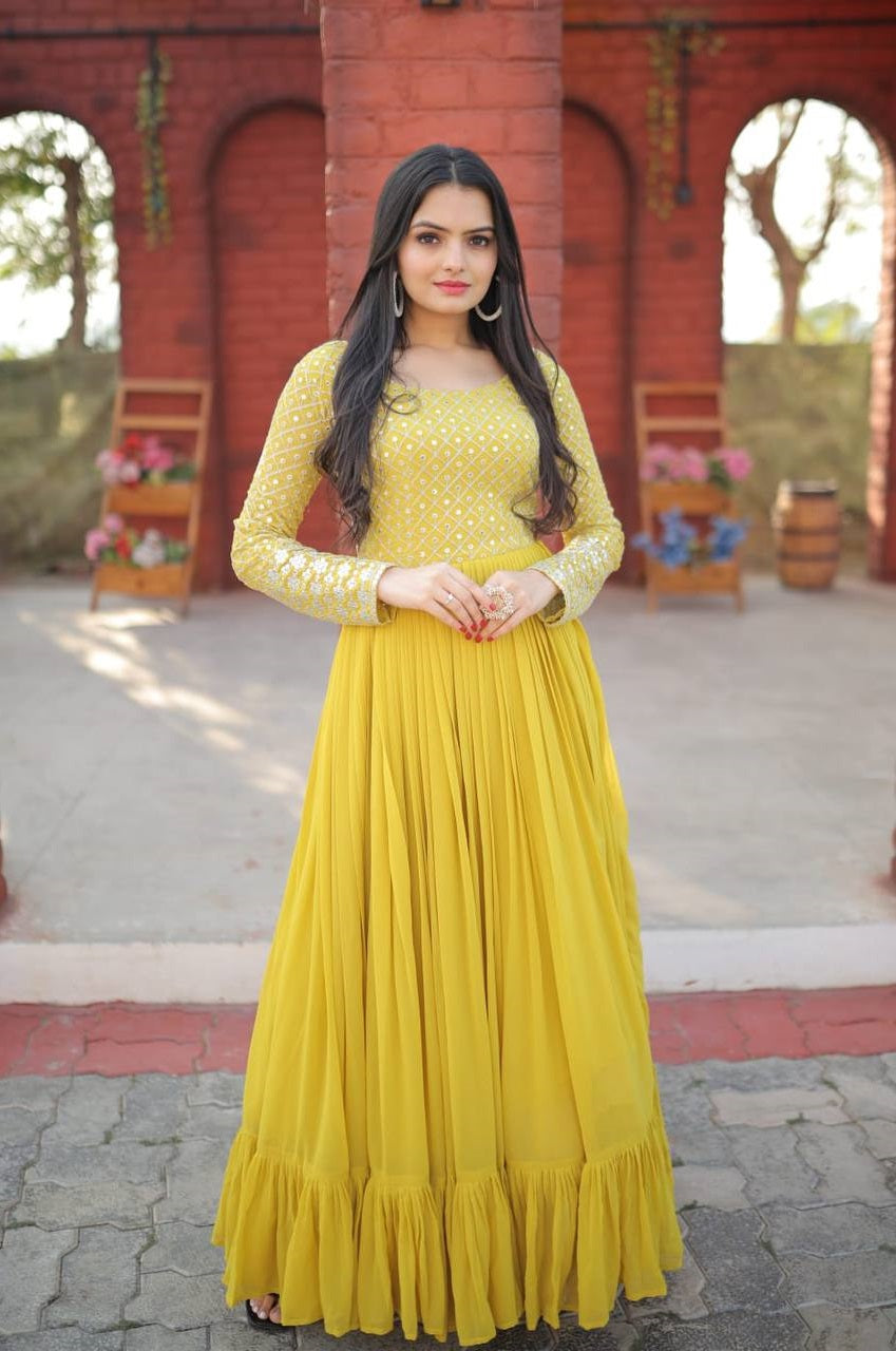Peaceful Embroidered Work Wine, Yellow & Pink Color Gown