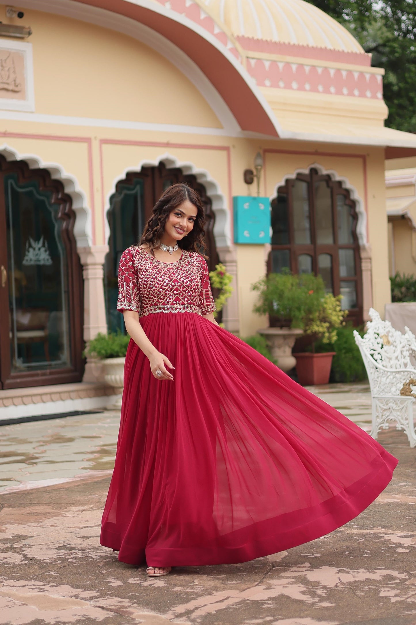 Lovely Fancy Round Neck Pink And Purple Color Gown