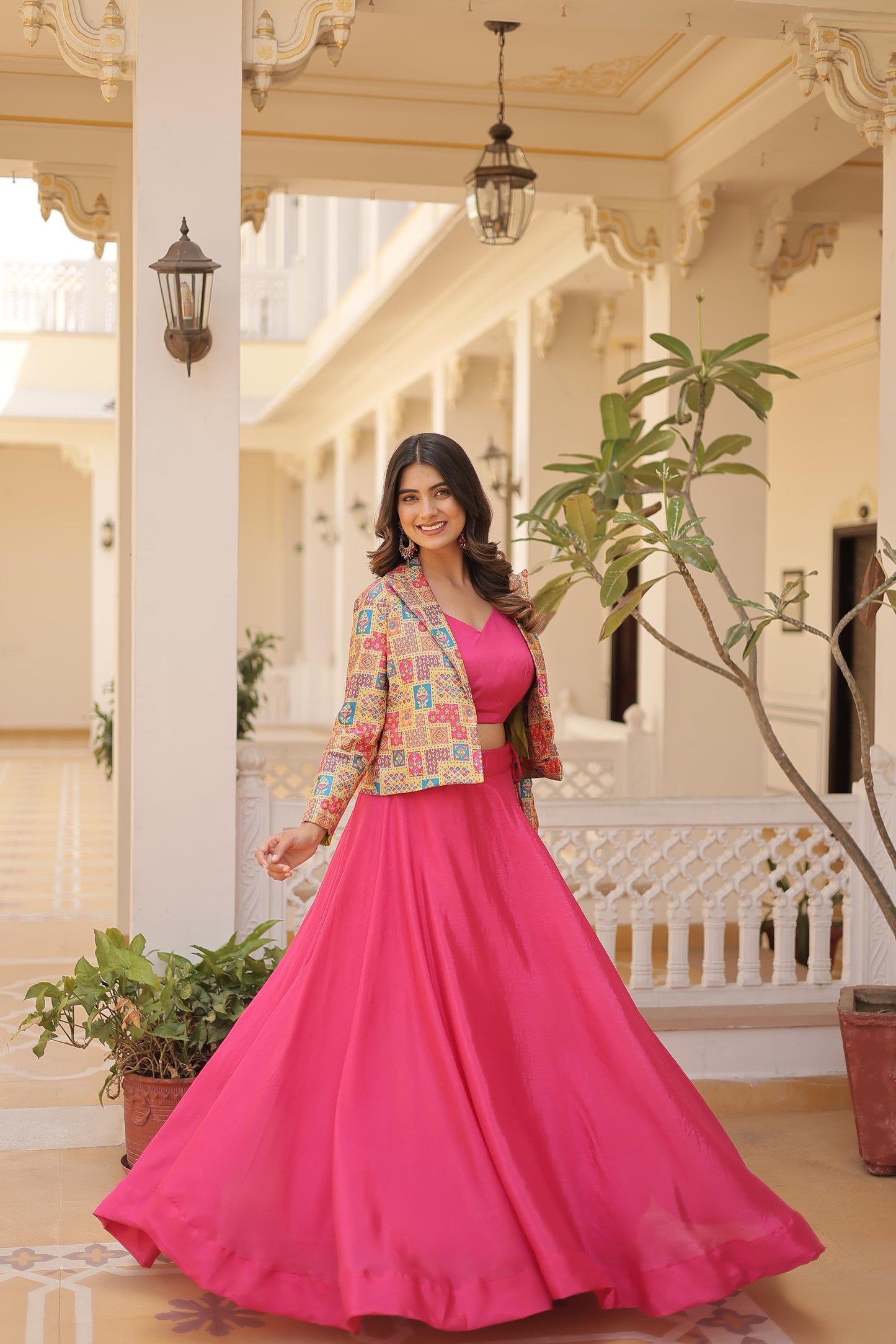 Pretty Chinnon Purple, Pink And Blue Color Lehenga Choli With Koti