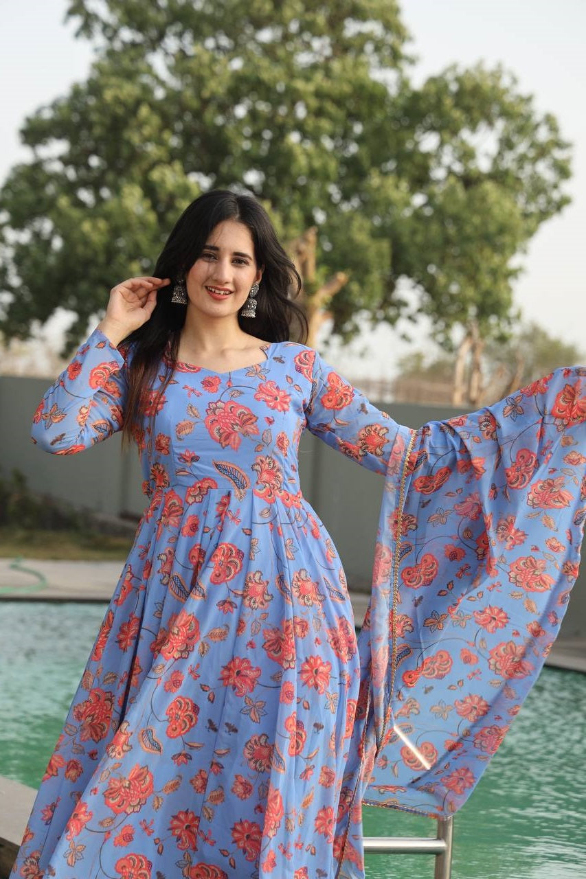 Luxuriant Light Blue Color Georgette Anarkali Suit Set TD-6020