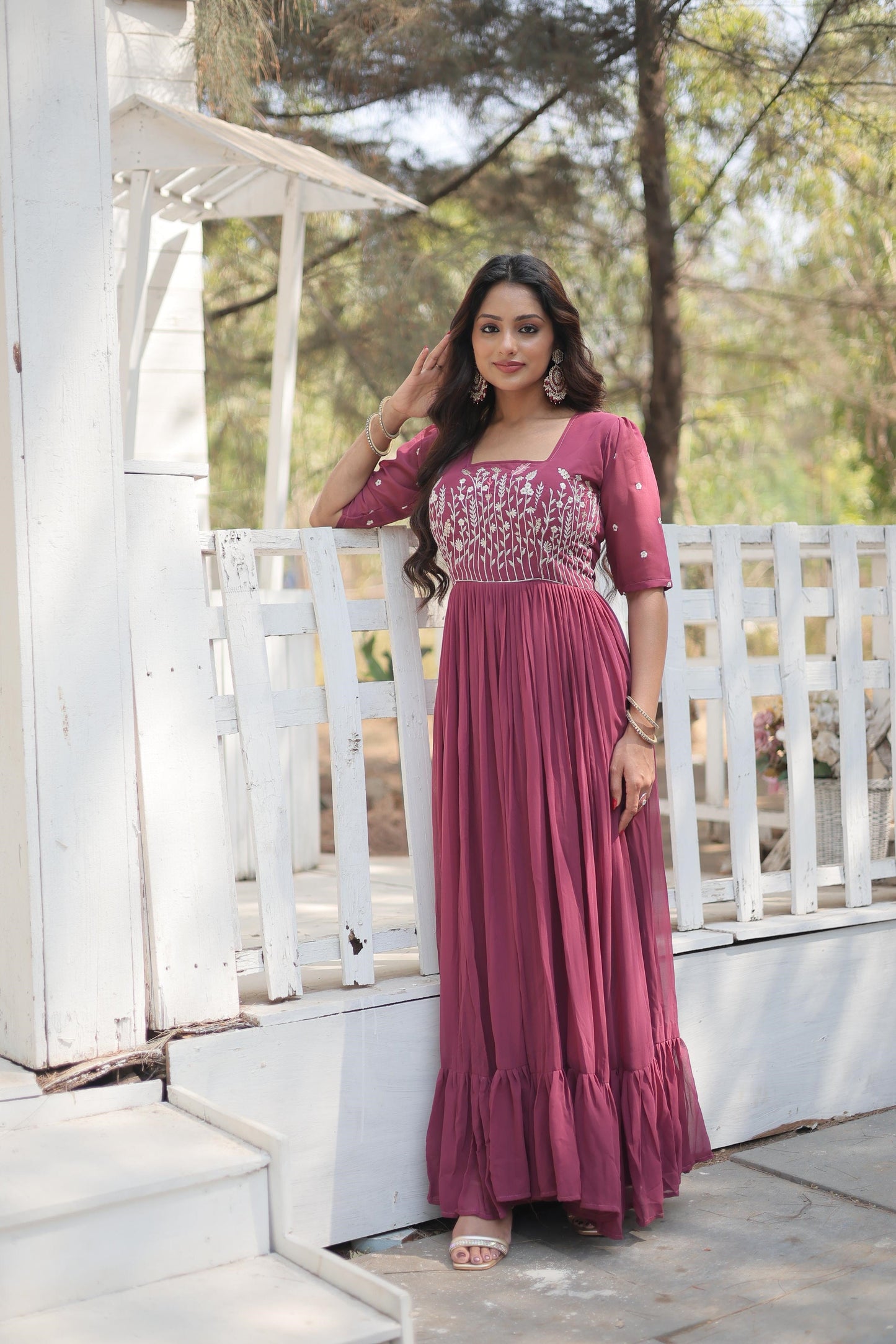 Fancy Square Neck Pink And Orange Color Georgette Gown