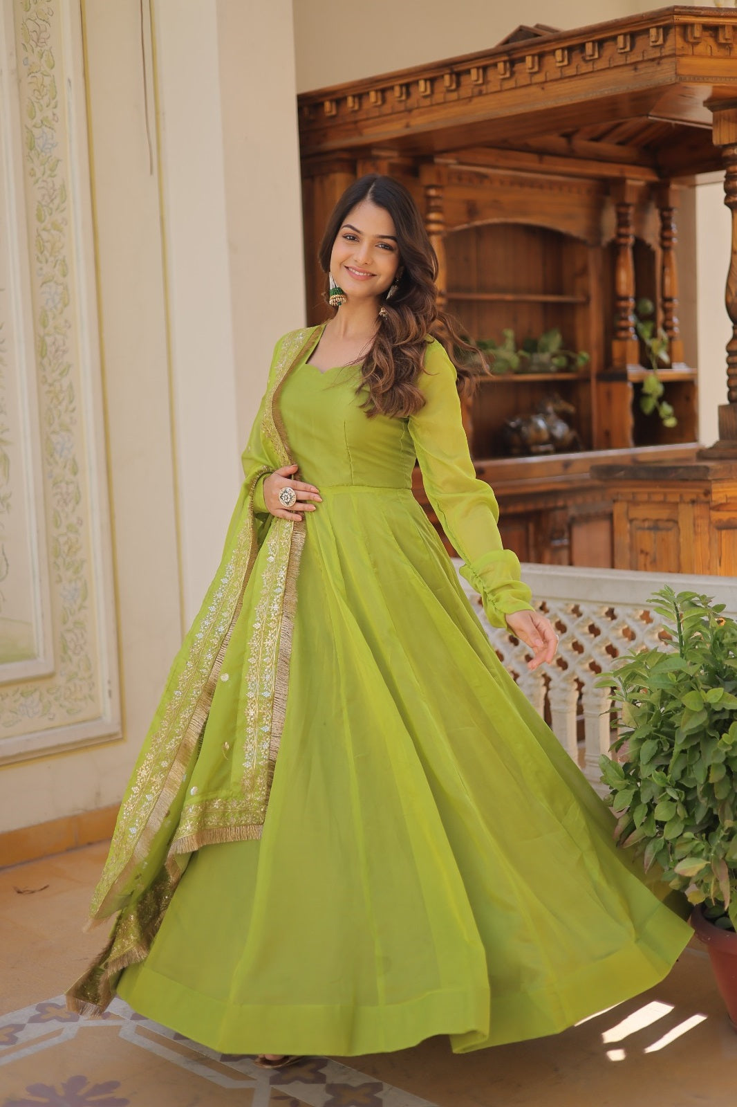 Elegant Russian Silk Purple, Green, Pink & Orange Color Gown