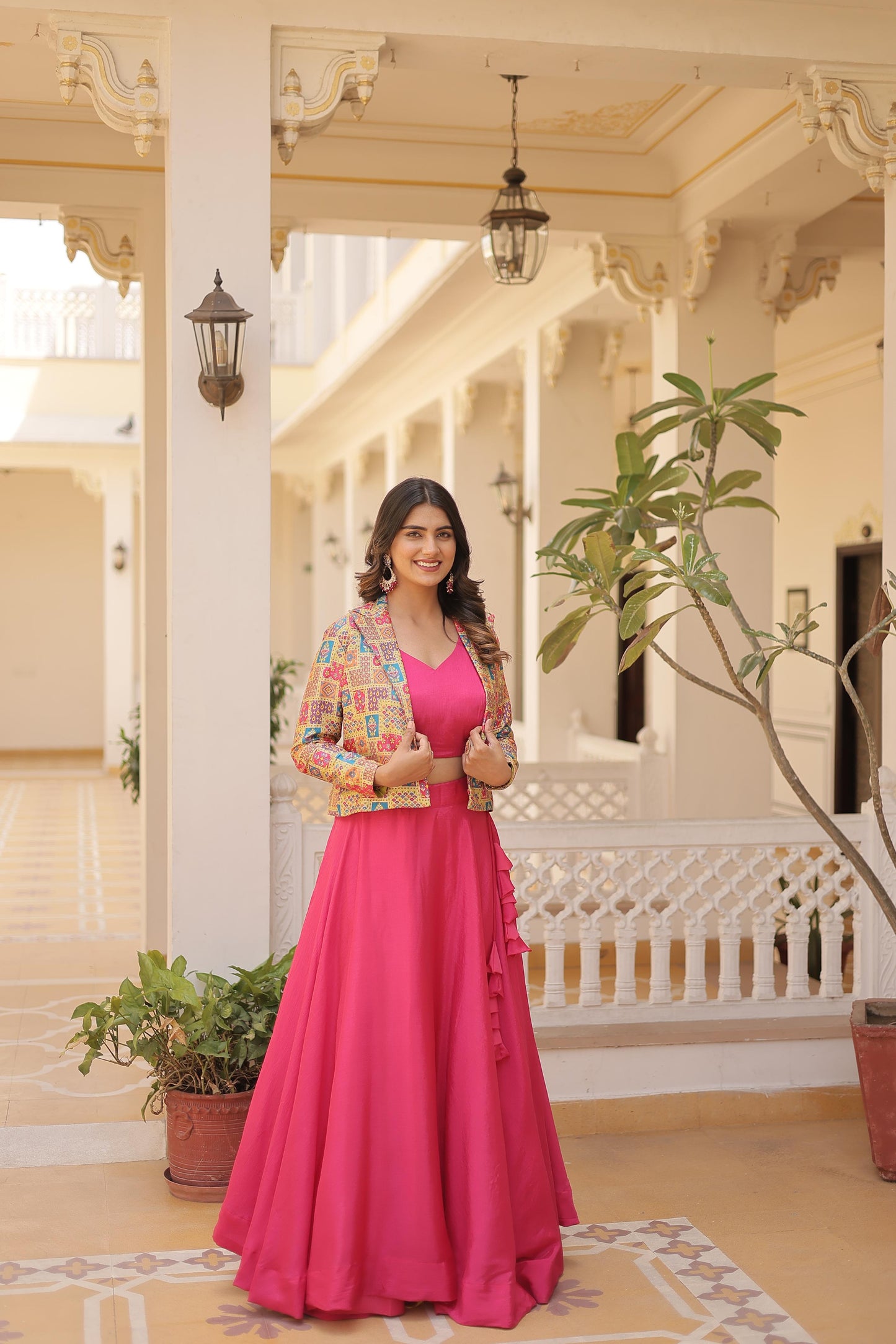 Pretty Chinnon Purple, Pink And Blue Color Lehenga Choli With Koti