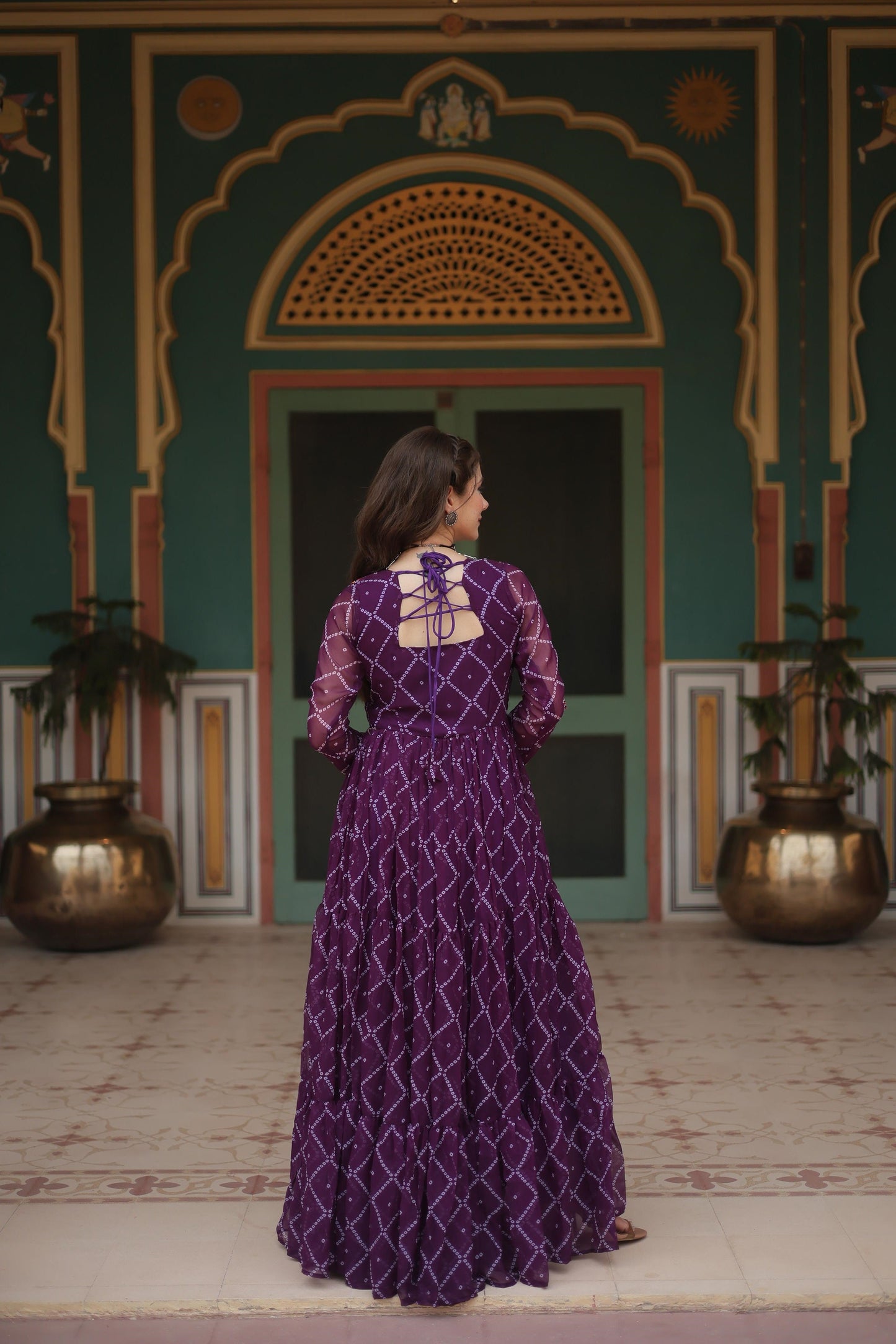Festive Wear Bandhani Print Work Blue, Orange And Purple Color Gown