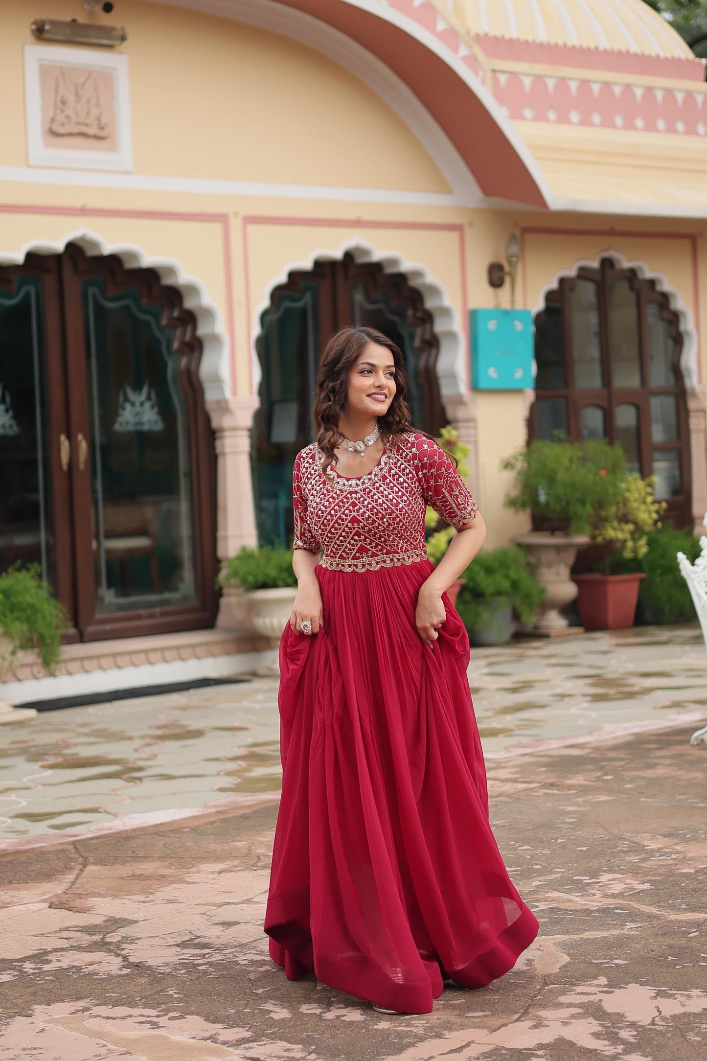Lovely Fancy Round Neck Pink And Purple Color Gown
