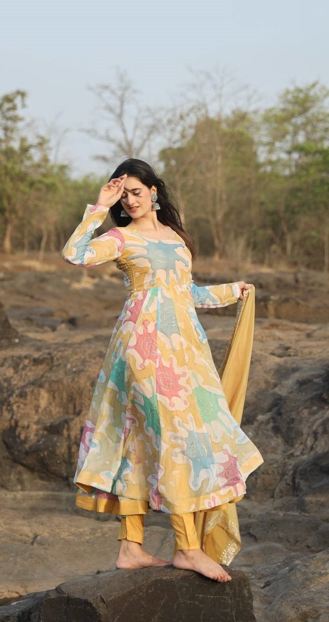 Awesome Multi Color Hand Print Embroidery Anarkali Suit Set