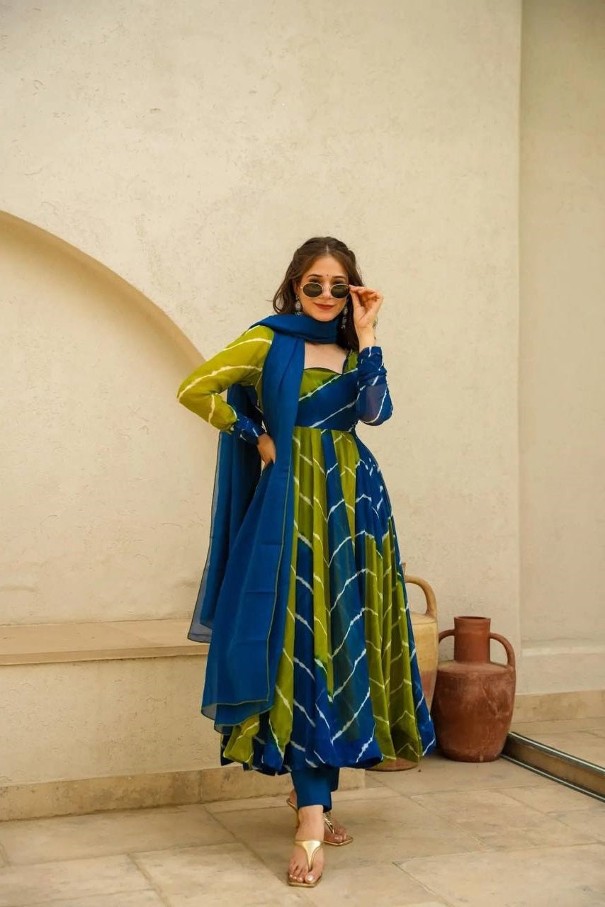 Tranding Yellow And Blue Organza Anarkali Suit Set