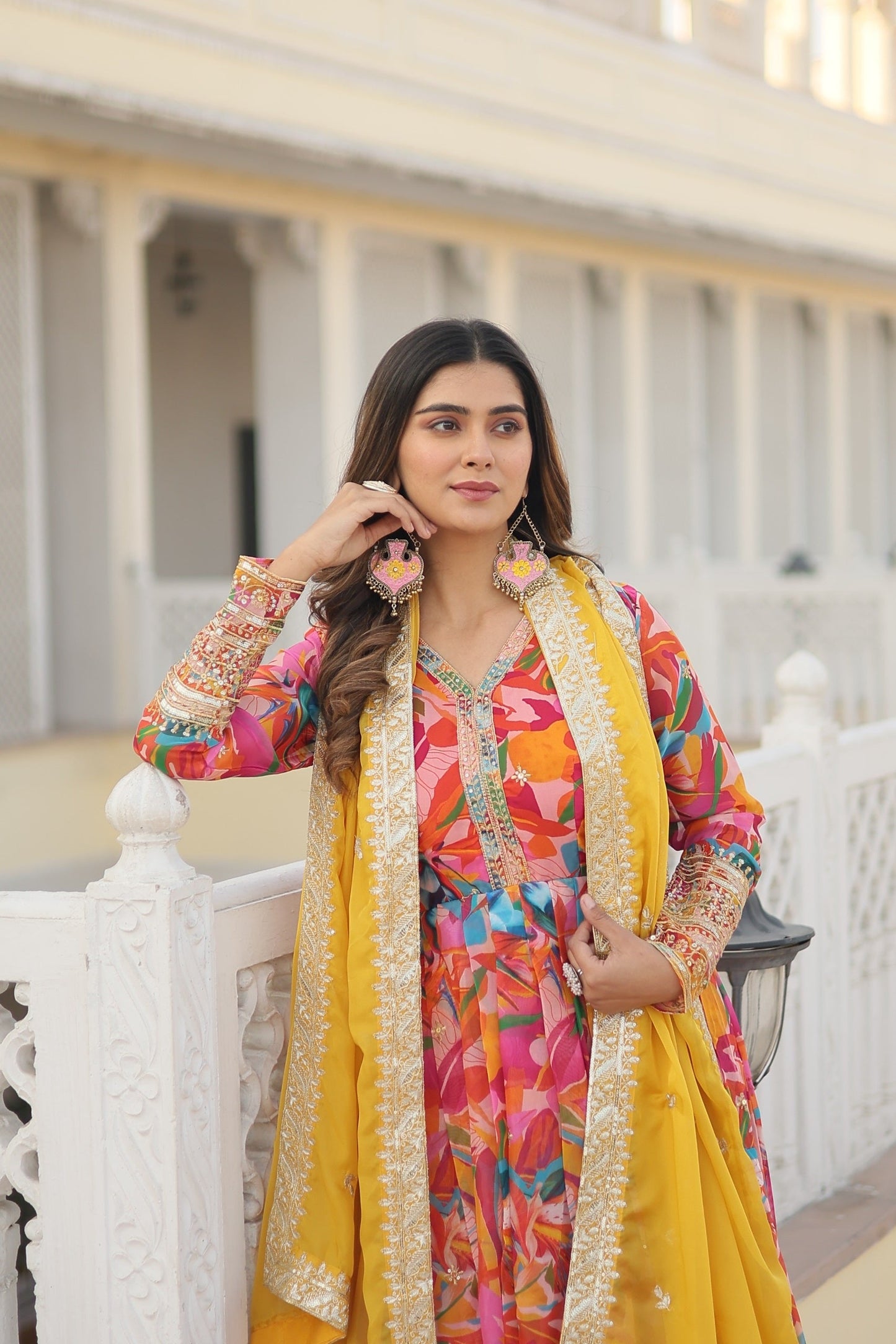 Fantastic Pink And Perrot Multi Digital Printed Gown With Dupatta
