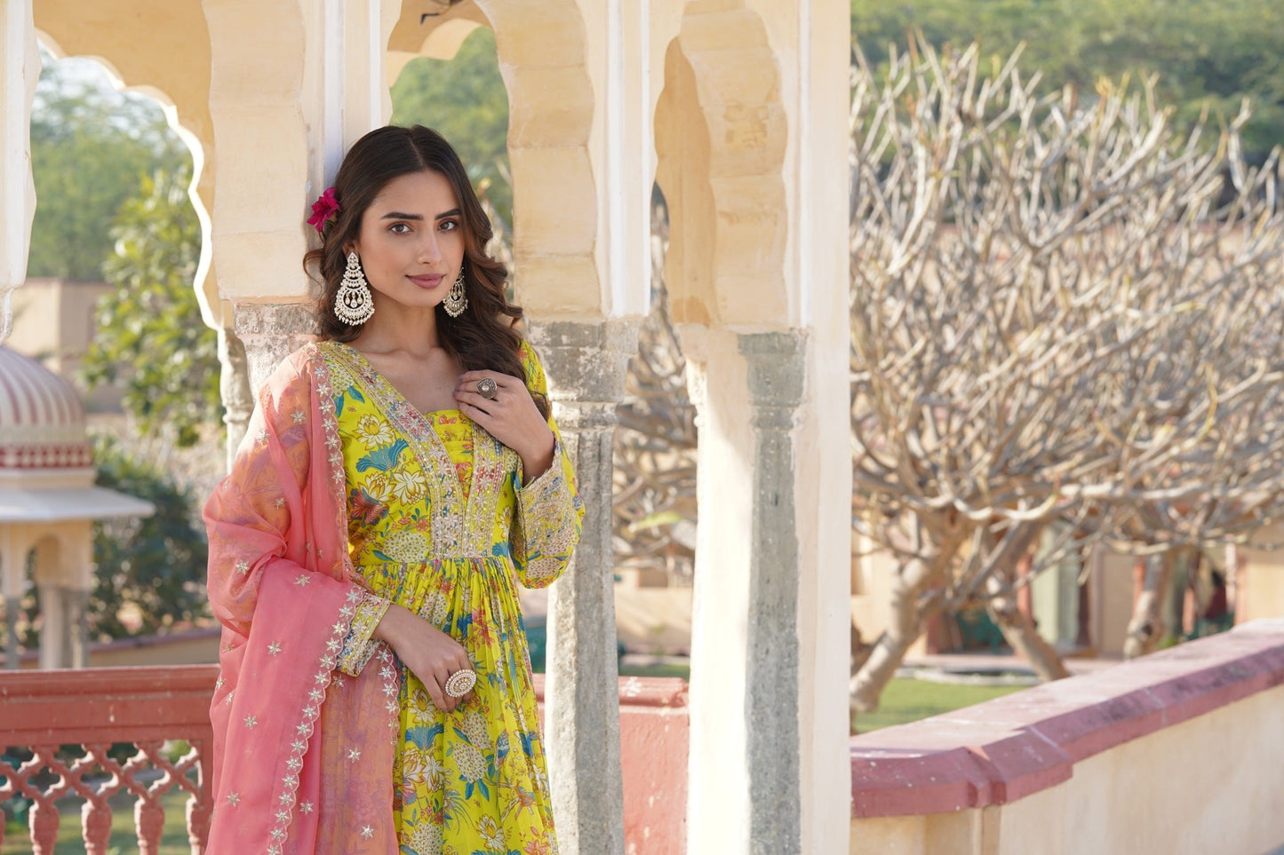 Fashionable Embroidery Work Digital Printed Lemon Color Gown