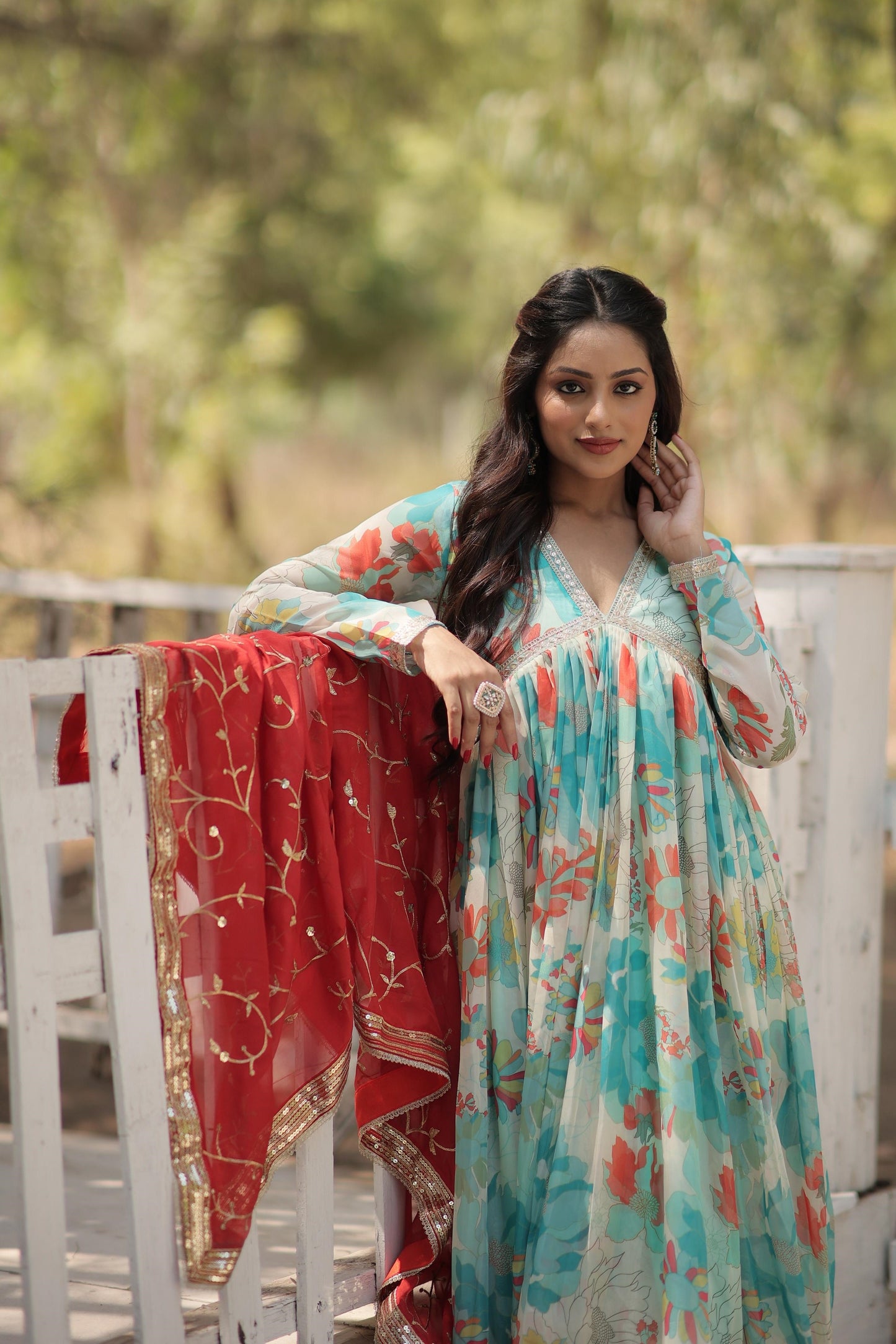 Festive Wear V Neck Pink And Sky Color Gown Contrast Dupatta