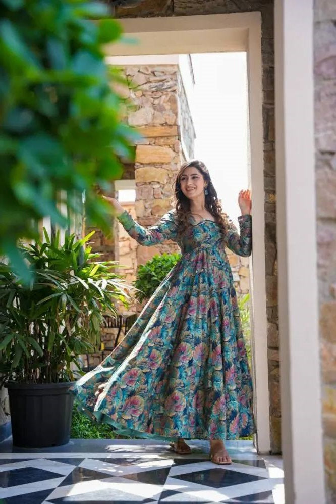 Fantastic Digital Print Teal Blue Multi Color Anarkali Suit TD-6030