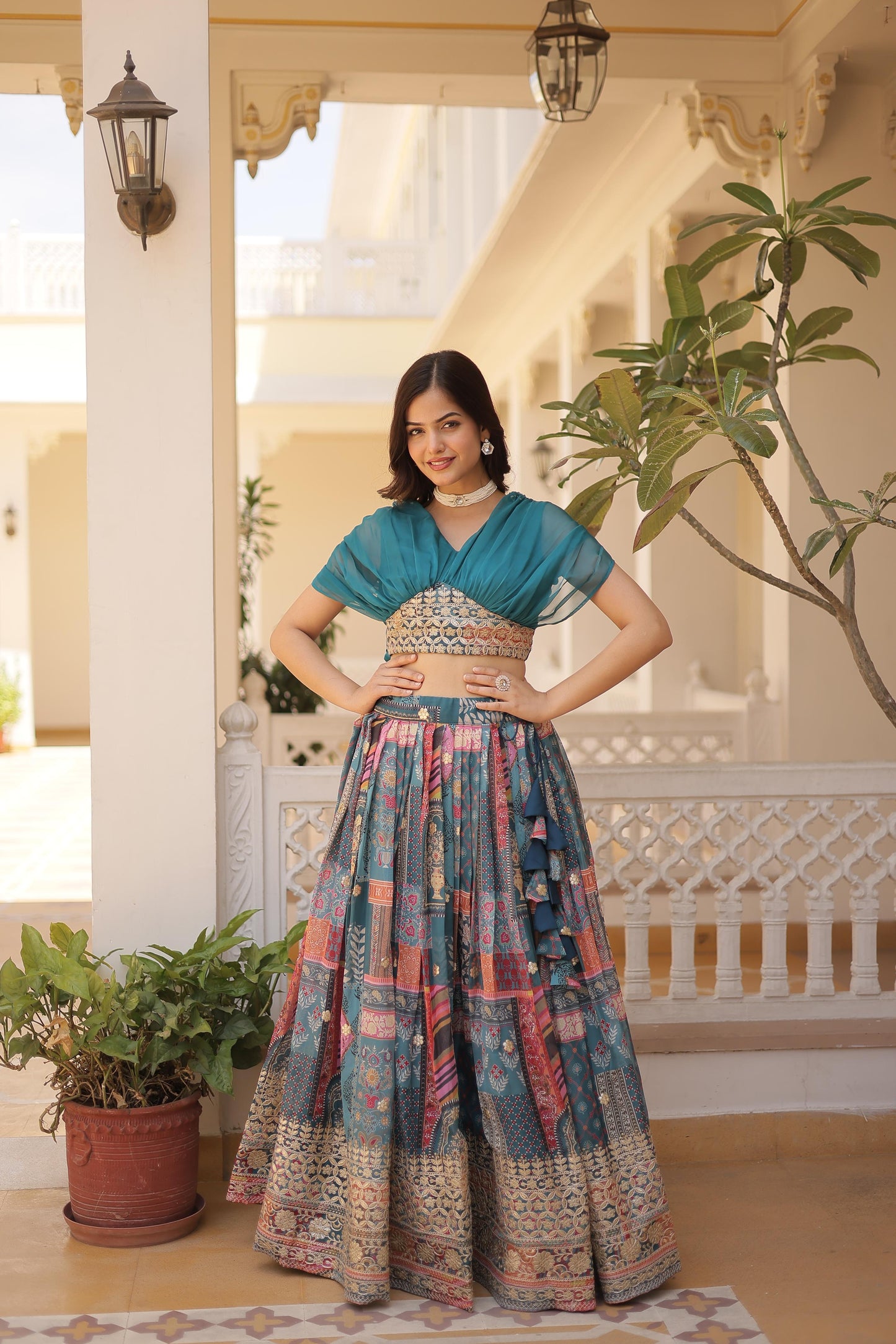 Trendy Digital Printed Silk Purple, Orange And Sky Color Lehenga